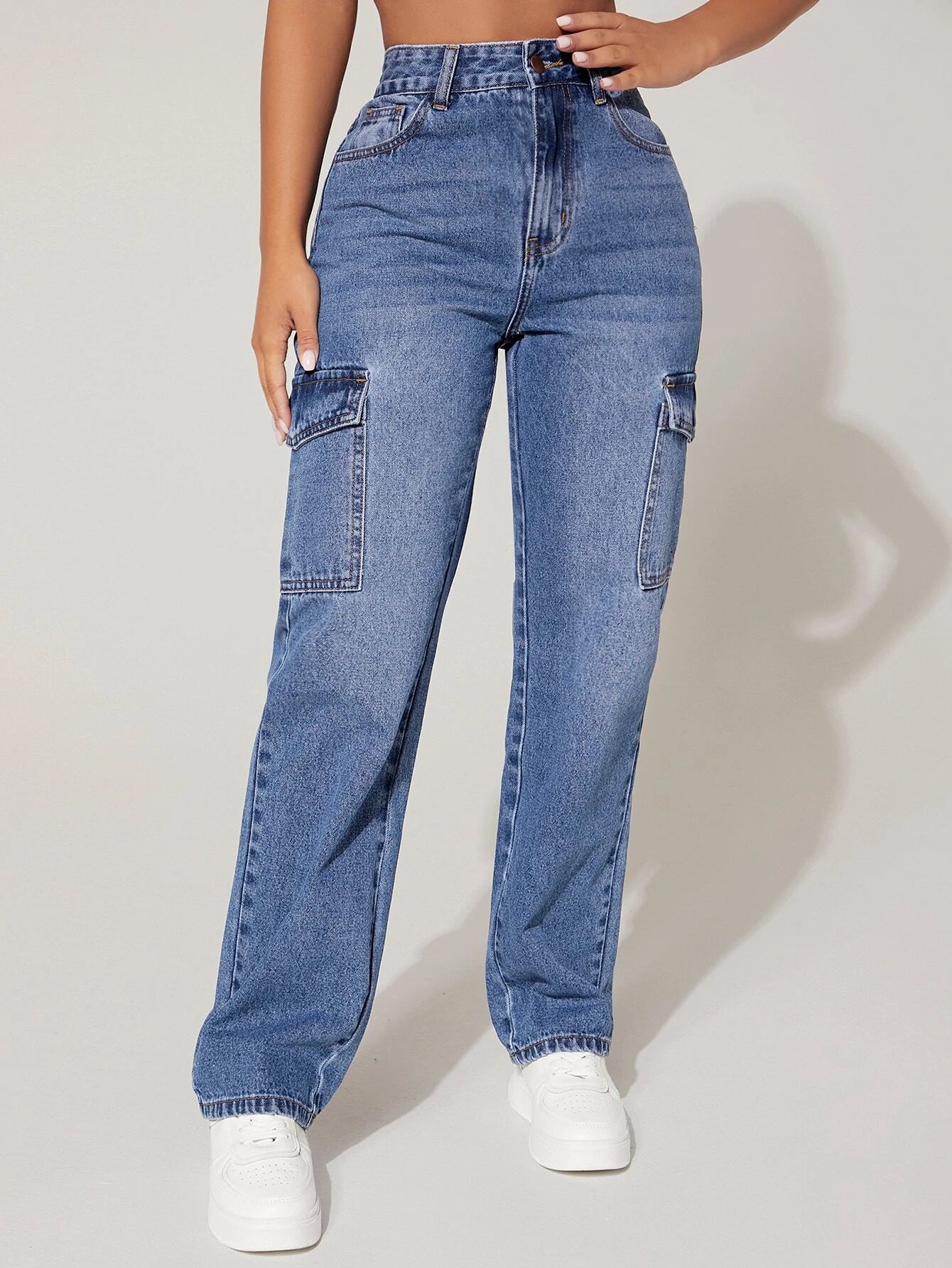 Single Button Cargo Jeans – model wearing view