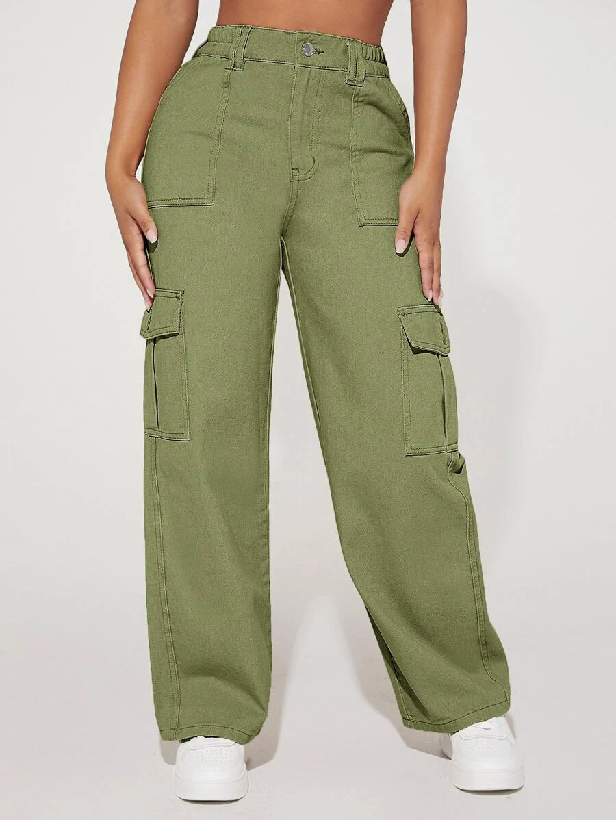 Denim High Waist Flap Pocket Cotton Cargo Jeans – lifestyle view 25