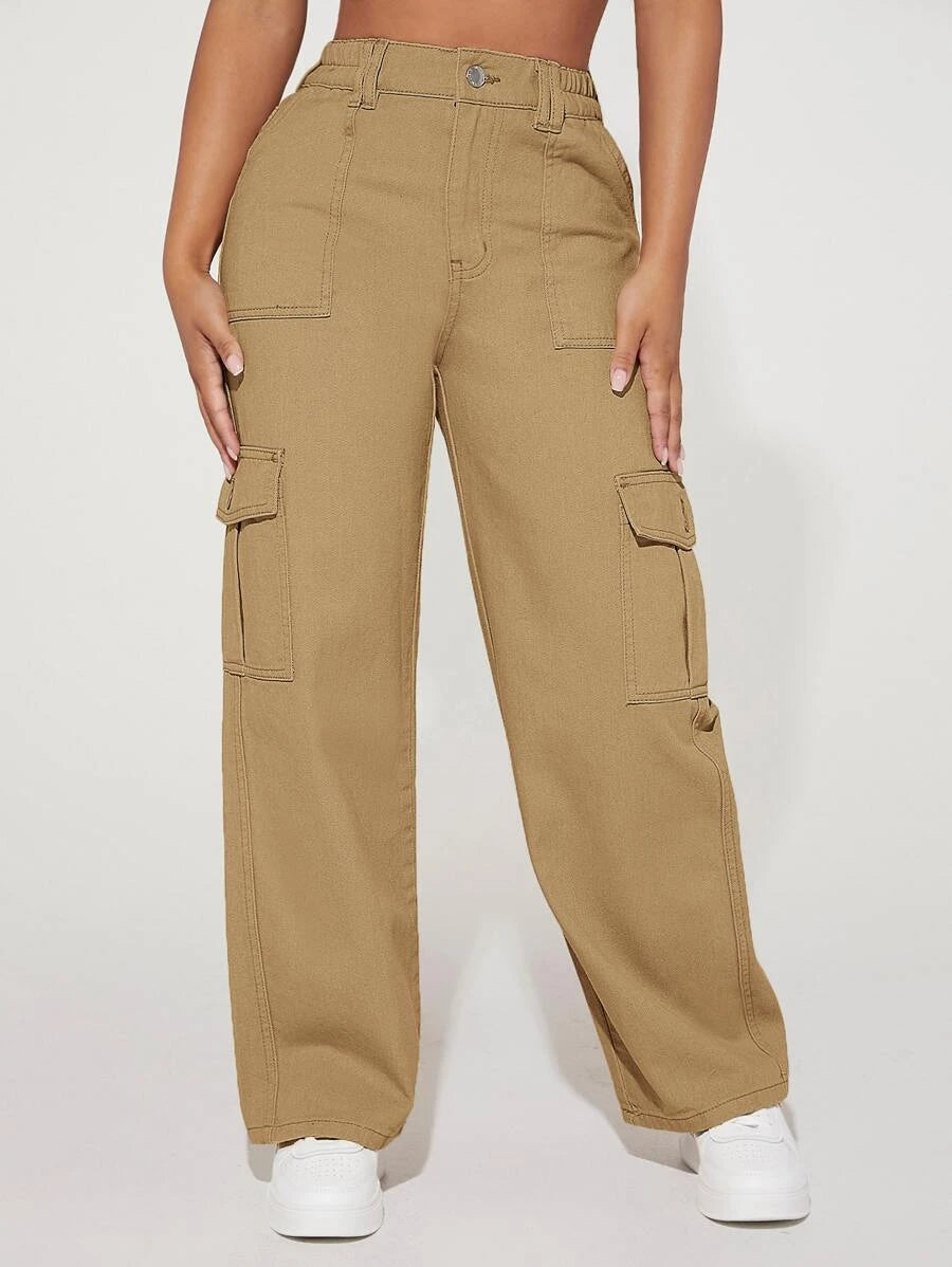 Denim High Waist Flap Pocket Cotton Cargo Jeans – styled outfit view