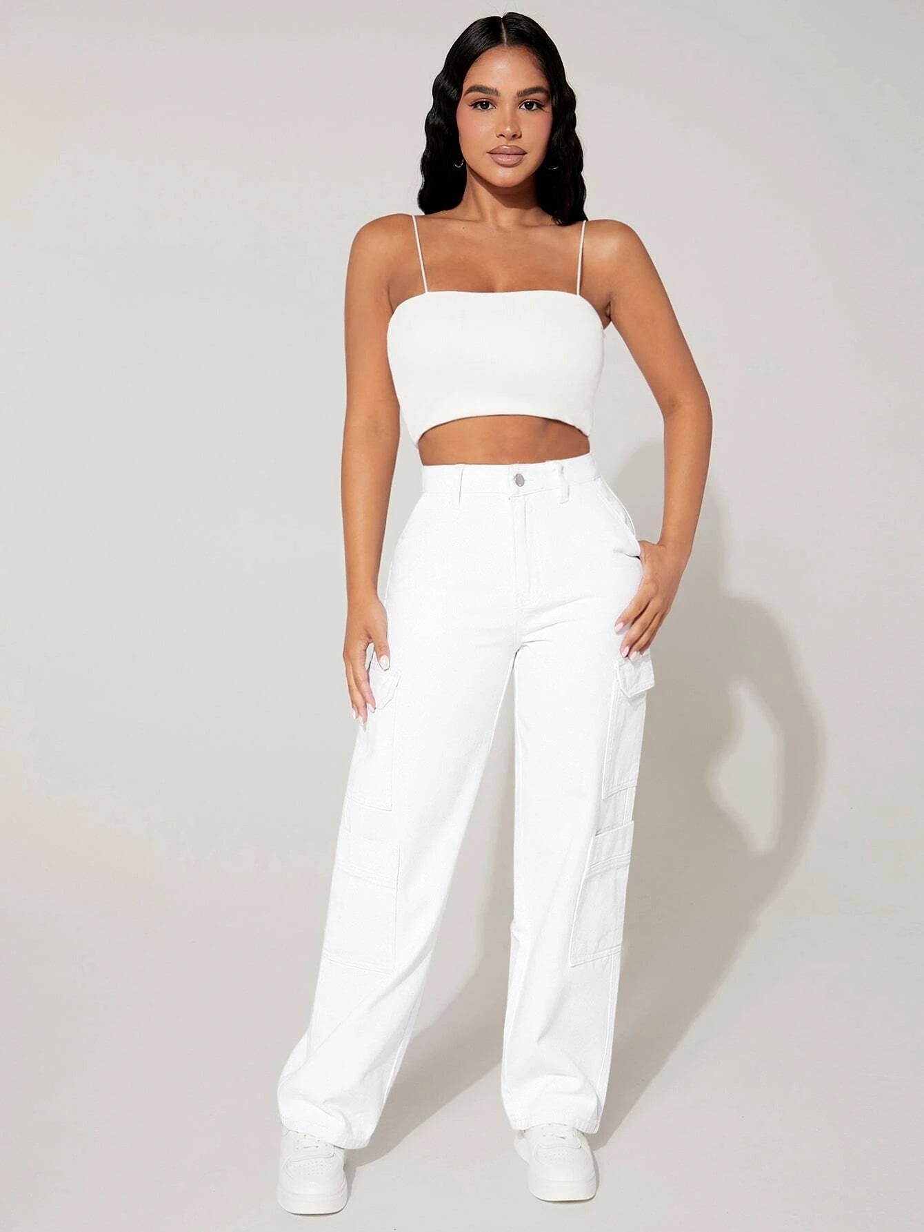 High Rise Flap Pocket Side Cargo Jeans – pocket detail close-up
