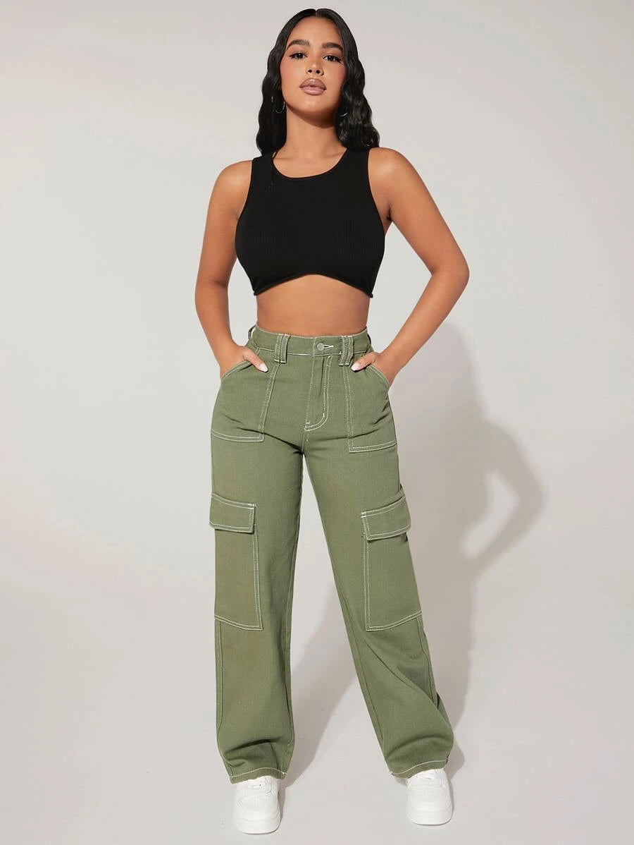 Trendy High Waist Flap Pocket Denim Cargo Jeans – lifestyle view 20