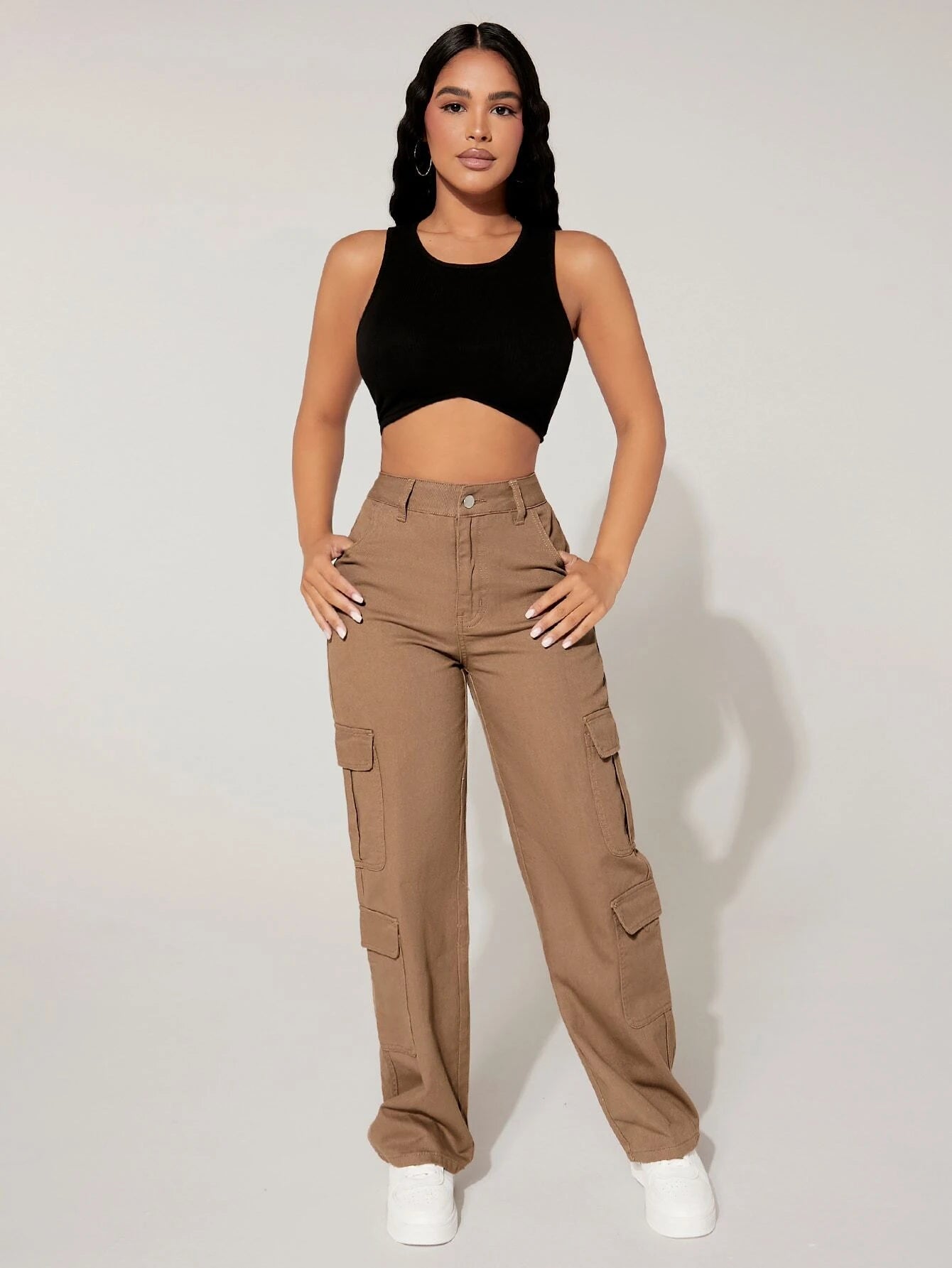 Plain Straight Leg Flap Pocket Cargo Pants – back view detail