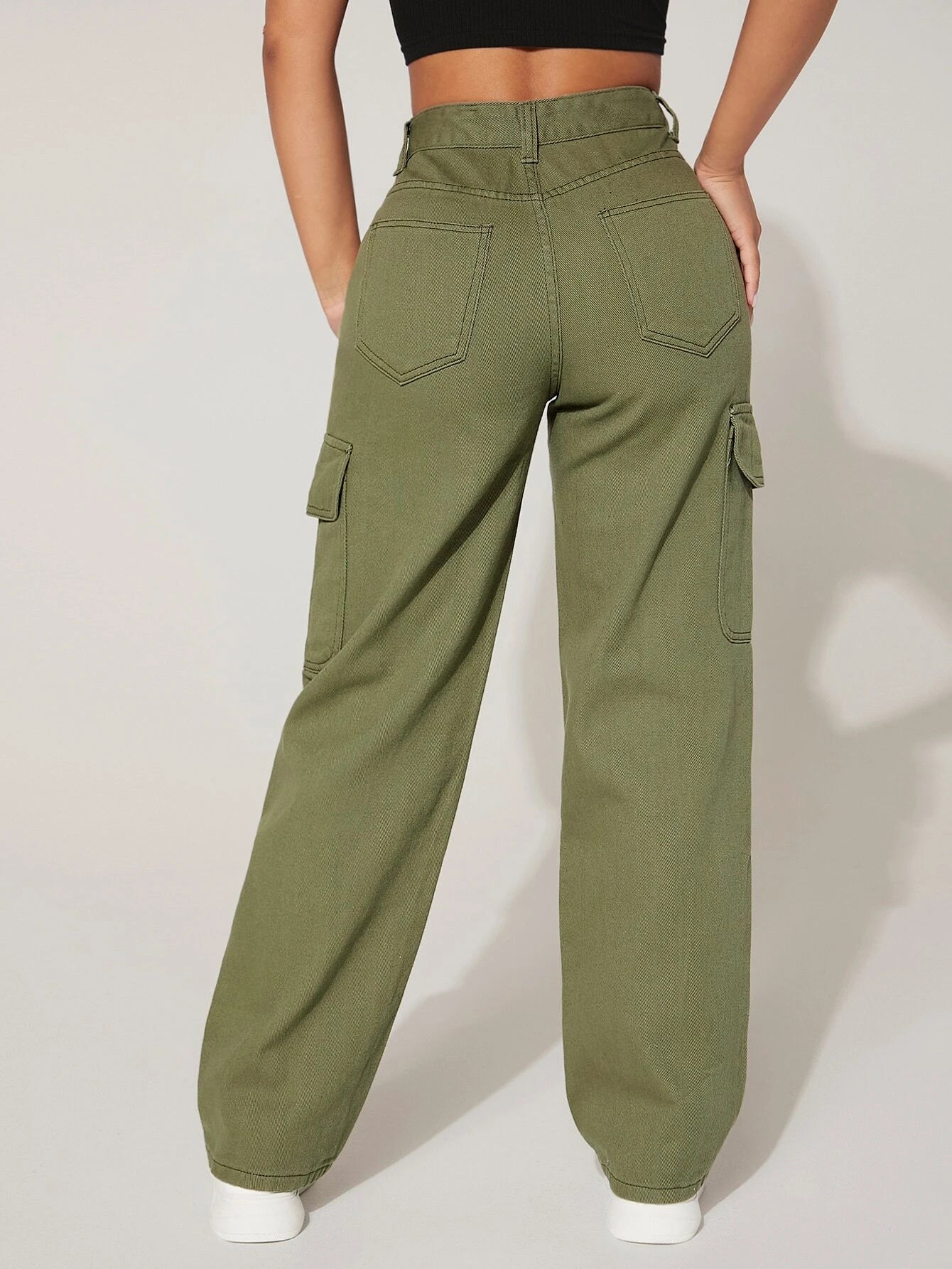 High Waist Functional Flap Pocket Cargo Jeans – side profile view