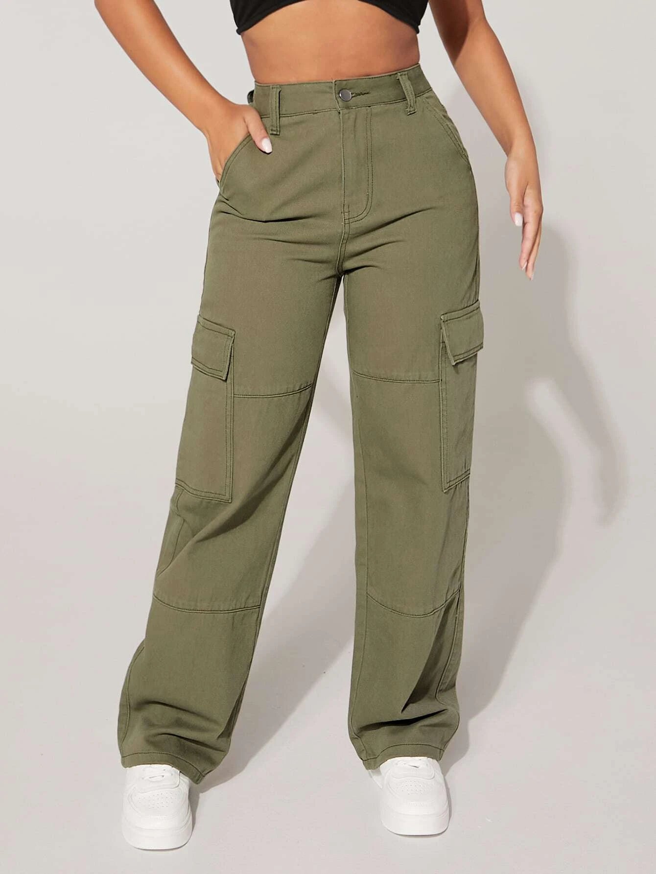 Flap Pocket Cargo Jeans in Green – back view detail