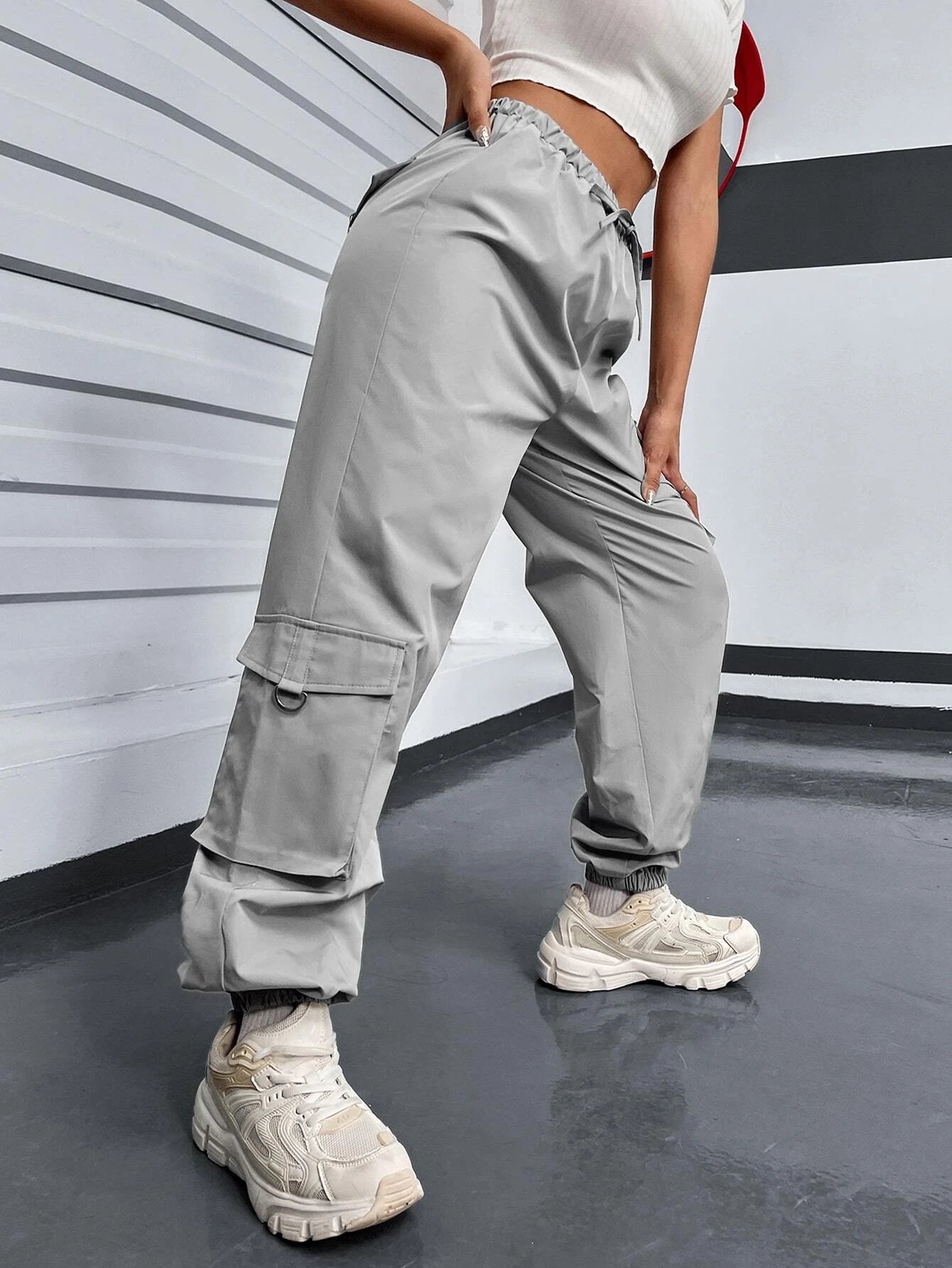 Drawstring Parachute Cargo Pant – full length outfit view