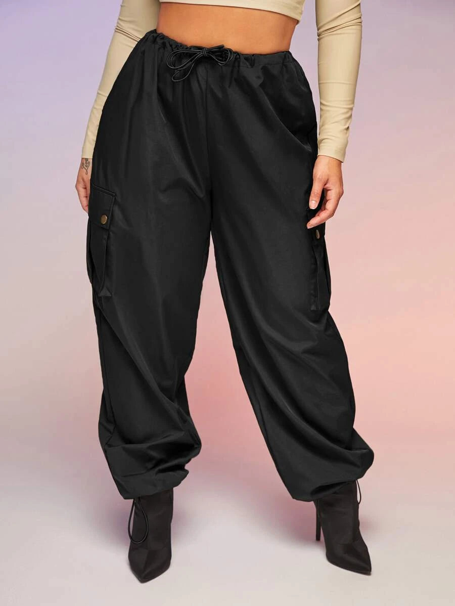 Casual Flap Pocket Drawstring Waist Parachute Cargo Pants - Comfortable – lifestyle view 28