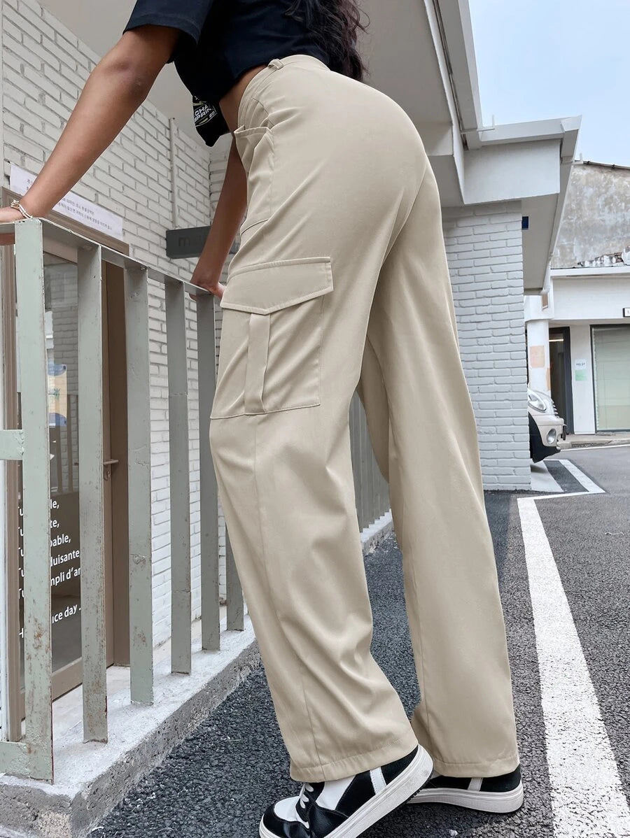 Easy Wear High Waist Flap Pocket Side Cargo Pants – full length outfit view