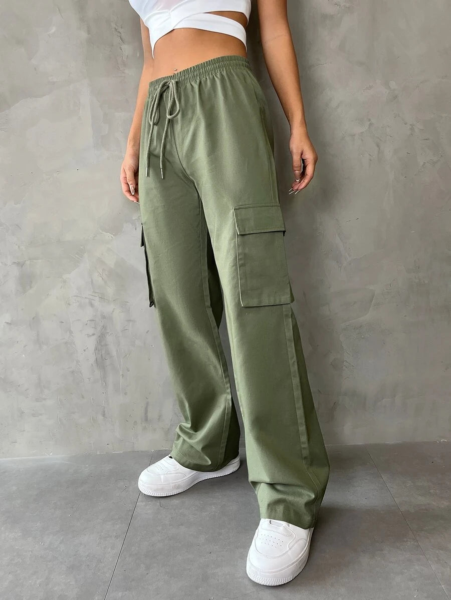 Casual Flap Pocket Drawstring Waist Cargo Pants – styled outfit view