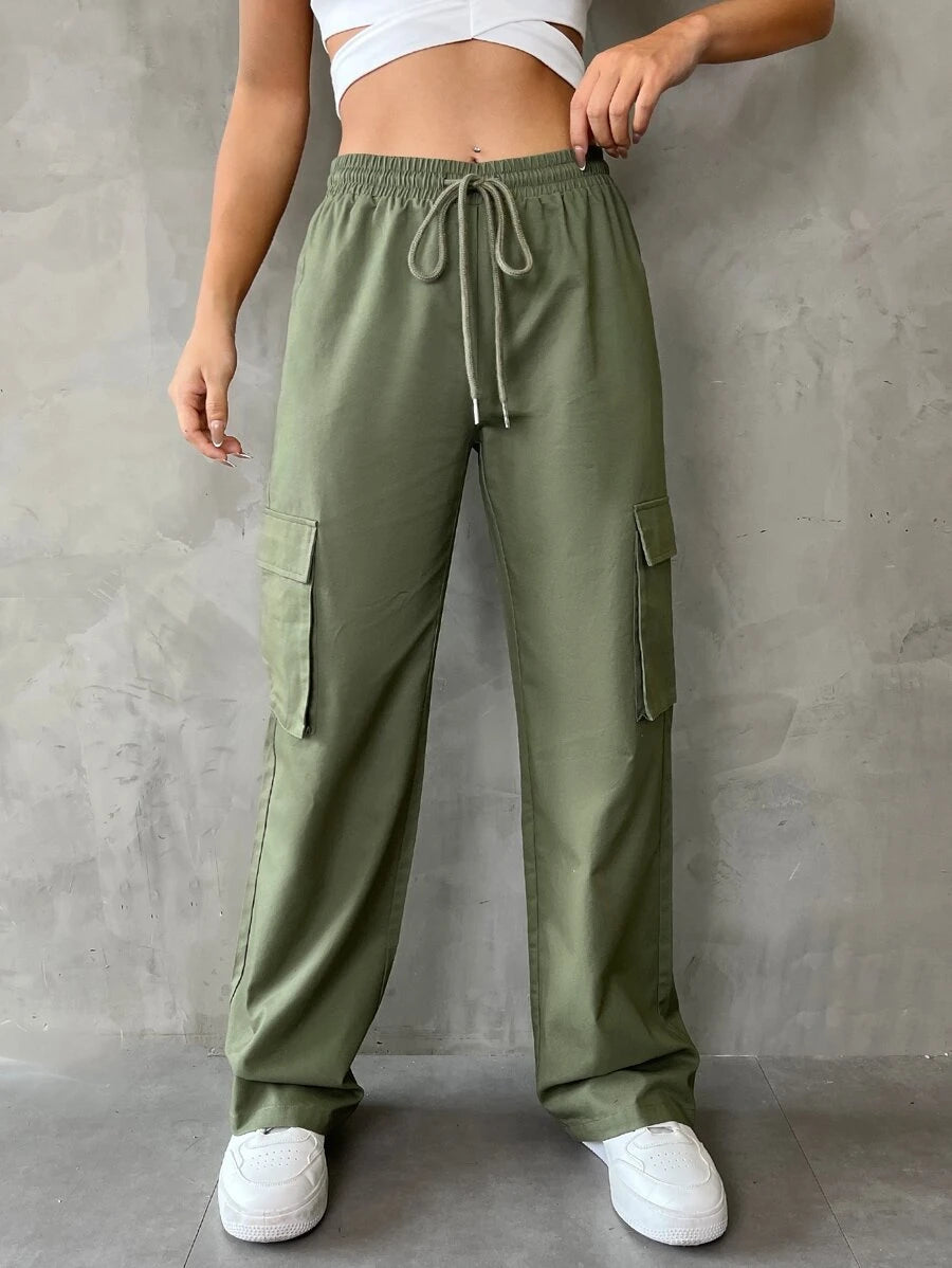 Casual Flap Pocket Drawstring Waist Cargo Pants – model wearing view