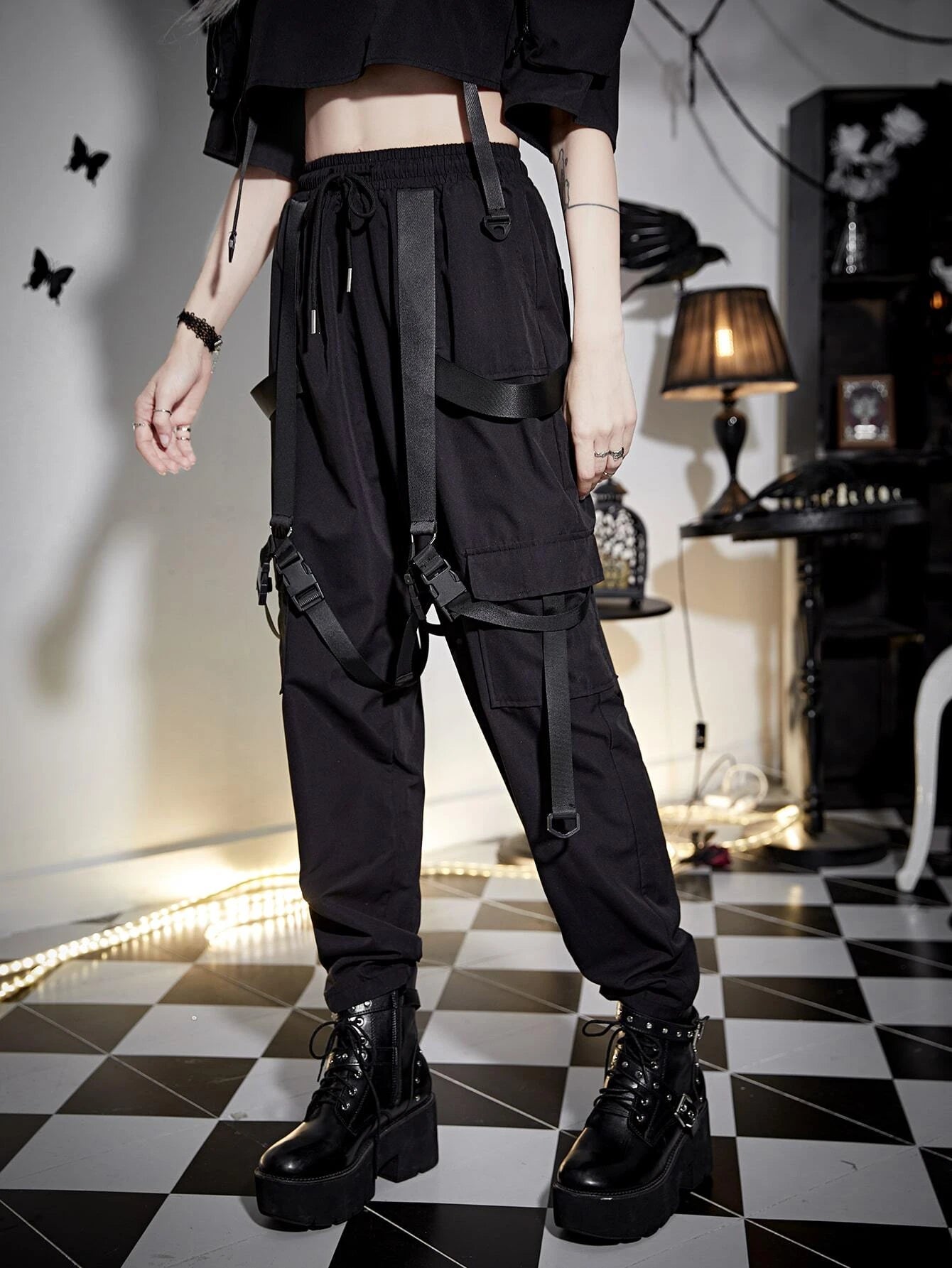 Buckle Tape Attached Cargo Pants – full length outfit view