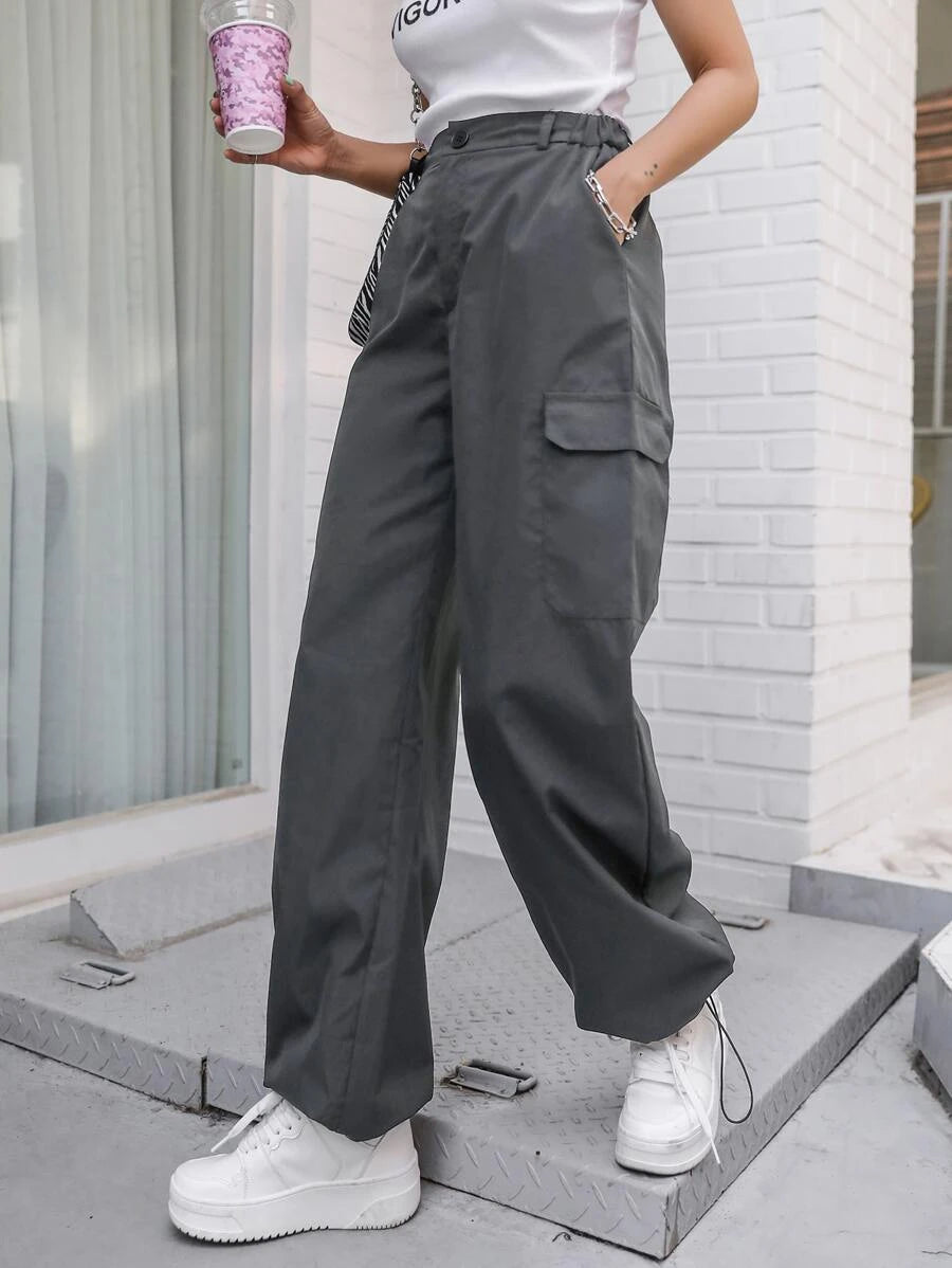 Casual Flap Pocket Drawstring Hem Cargo Pants – back view detail