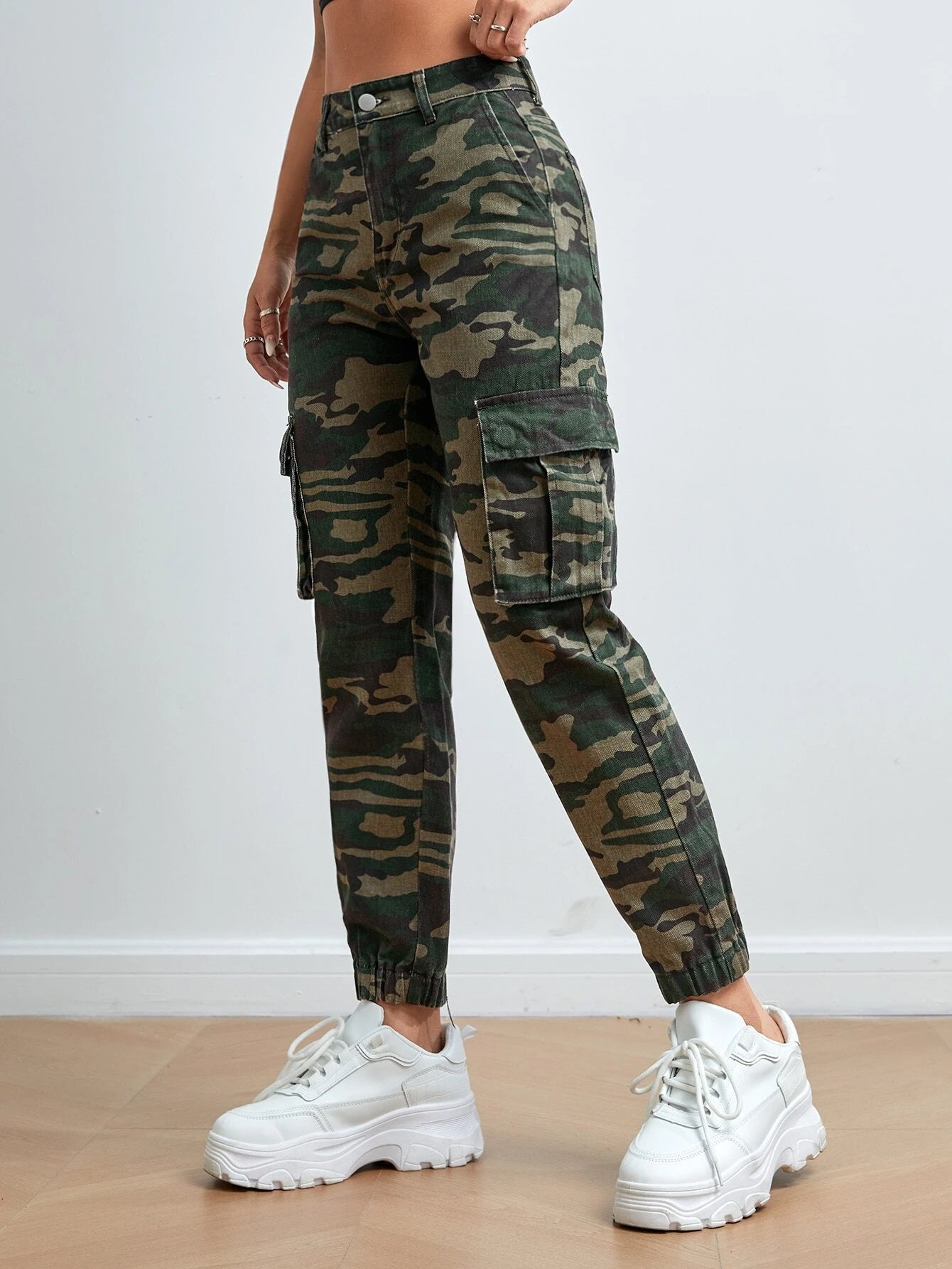 Camo Denim Zipper Jogger Cargo Pant – side profile view