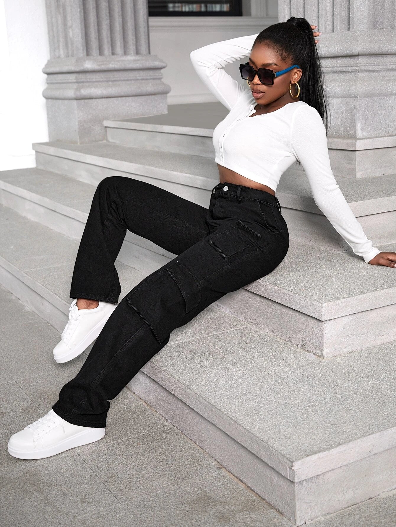 High Waist Cargo Jeans in Black #ns-5 – side profile view