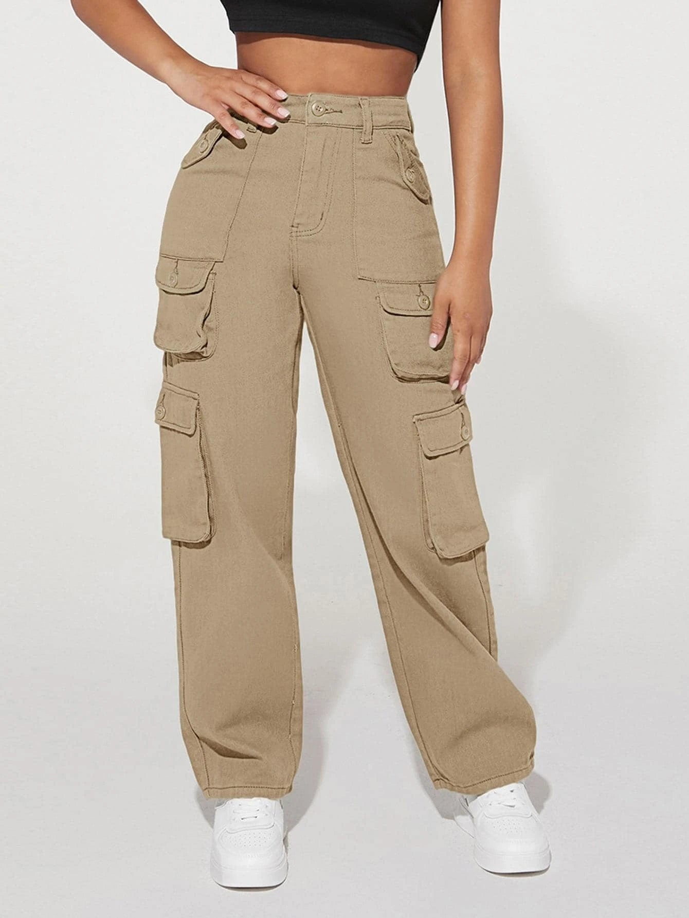 High Waist Flap Pocket Side Cargo Jeans in Green – back view detail