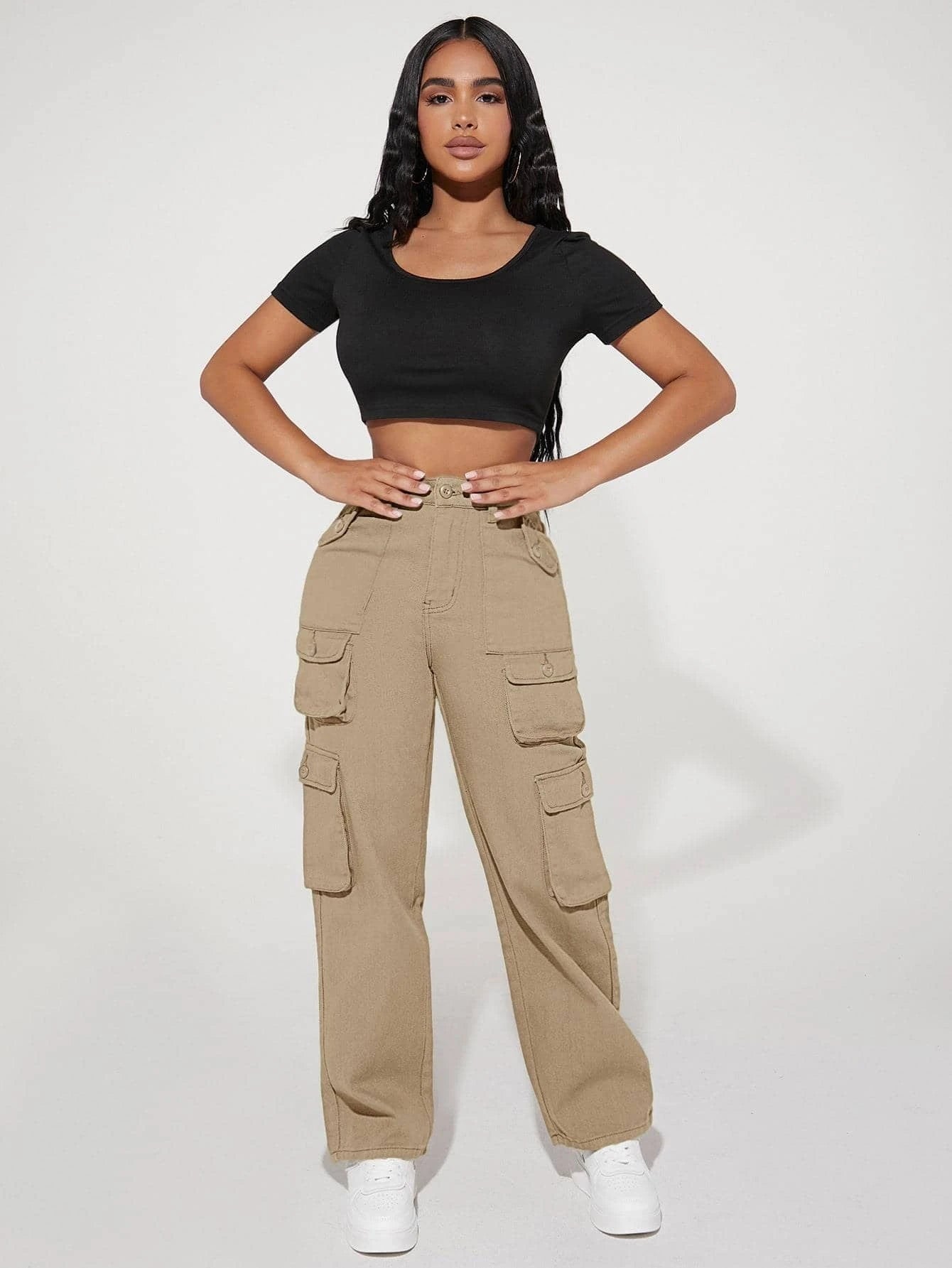 Stylish High Waist Pocket Cargo Jeans – styled outfit view