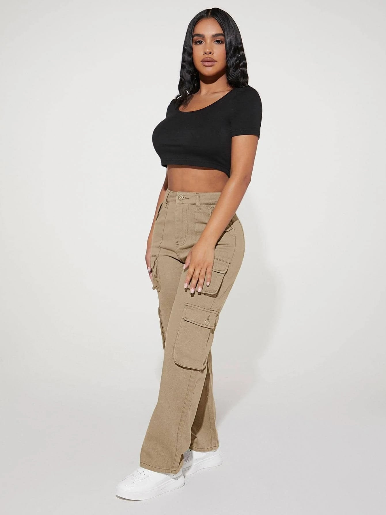 Stylish High Waist Pocket Cargo Jeans – model wearing view
