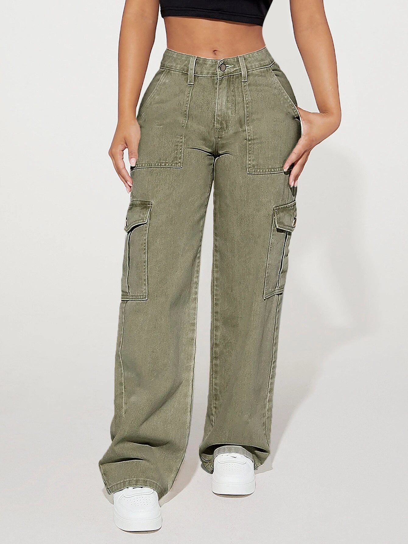 Plain Flap Pocket Cargo Jeans Style 2 – women's cargo pants front view