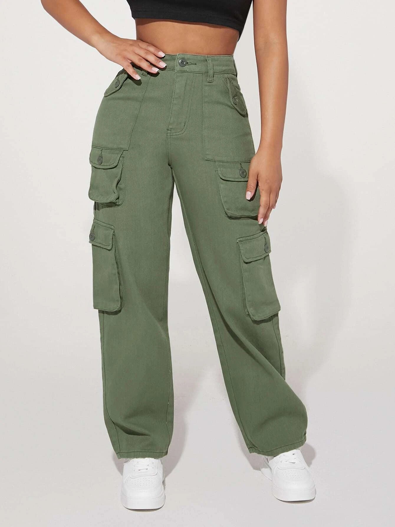High Waist Flap Pocket Side Cargo Jeans