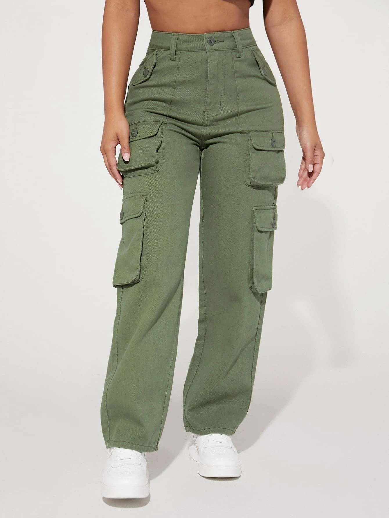 High Waist Flap Pocket Side Cargo Jeans