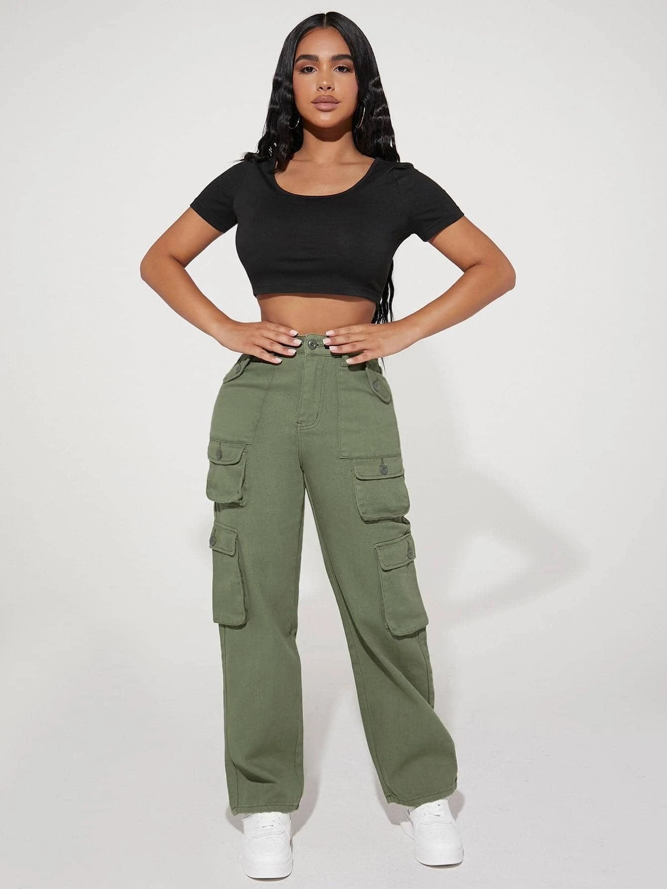 Stylish High Waist Pocket Cargo Jeans – pocket detail close-up