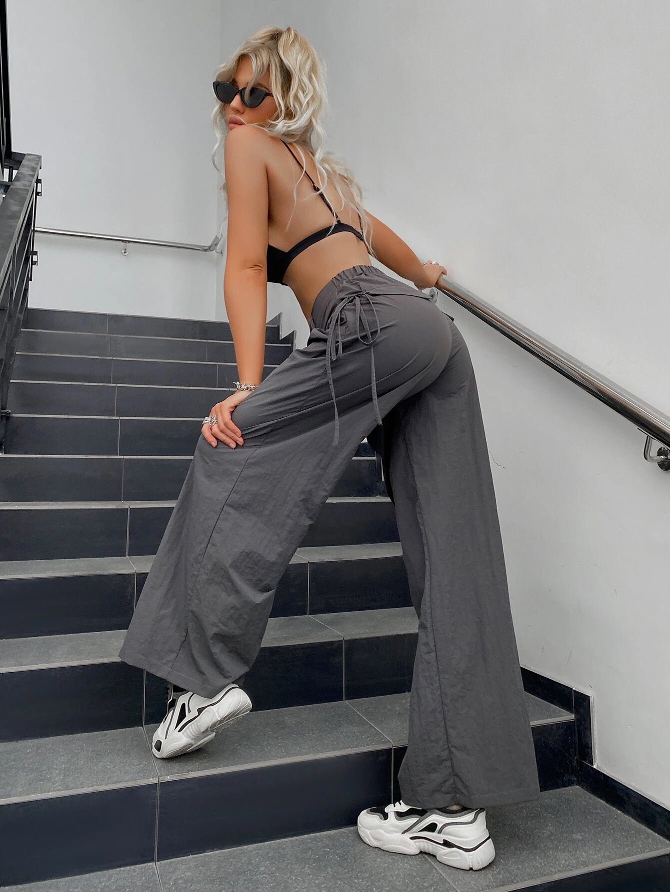 Drawstring Side Parachute Wide Leg Pants – side profile view