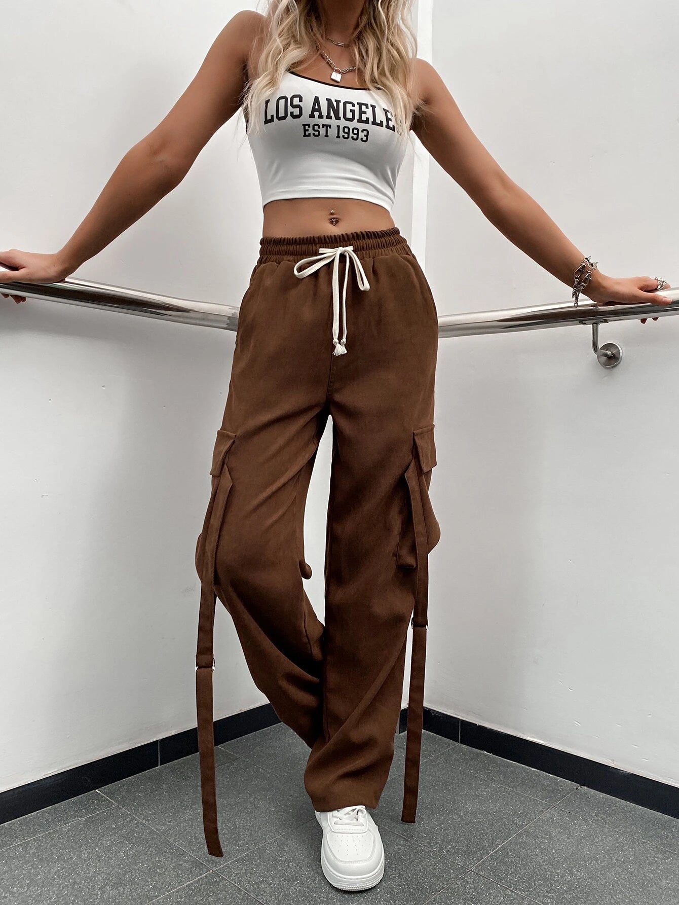 Brown Waist Flap Pocket Cargo Pants – side profile view