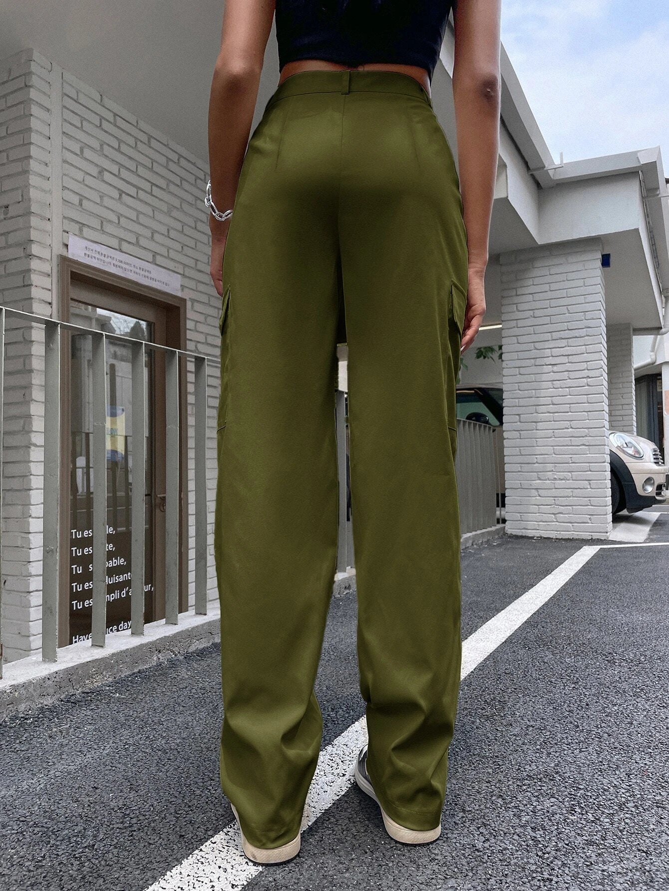 High Waist Flap Pocket Cargo Pants in Black #ts-7 – model wearing view