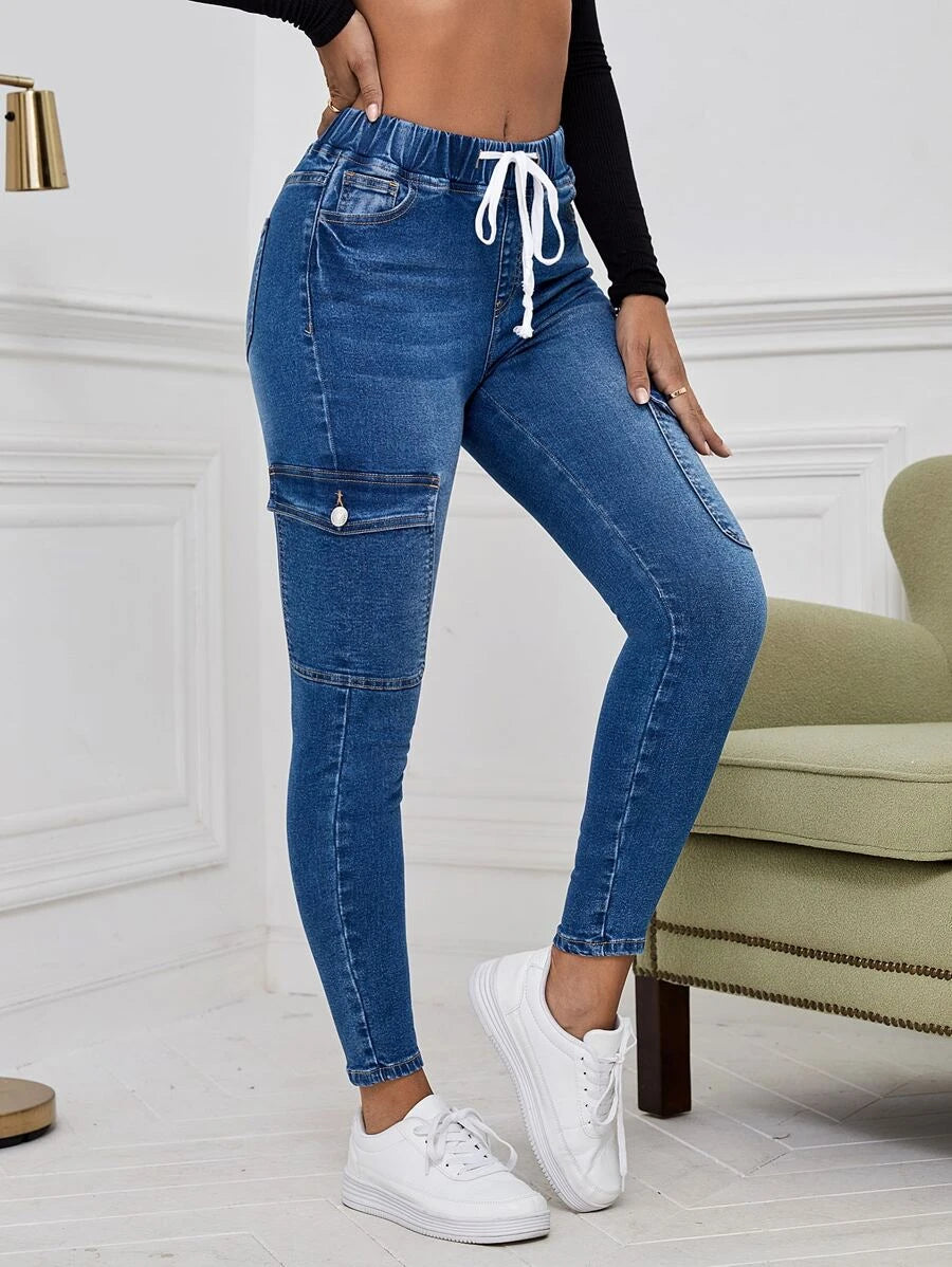 Drawstring Waist Flap Pocket Cargo Jeans