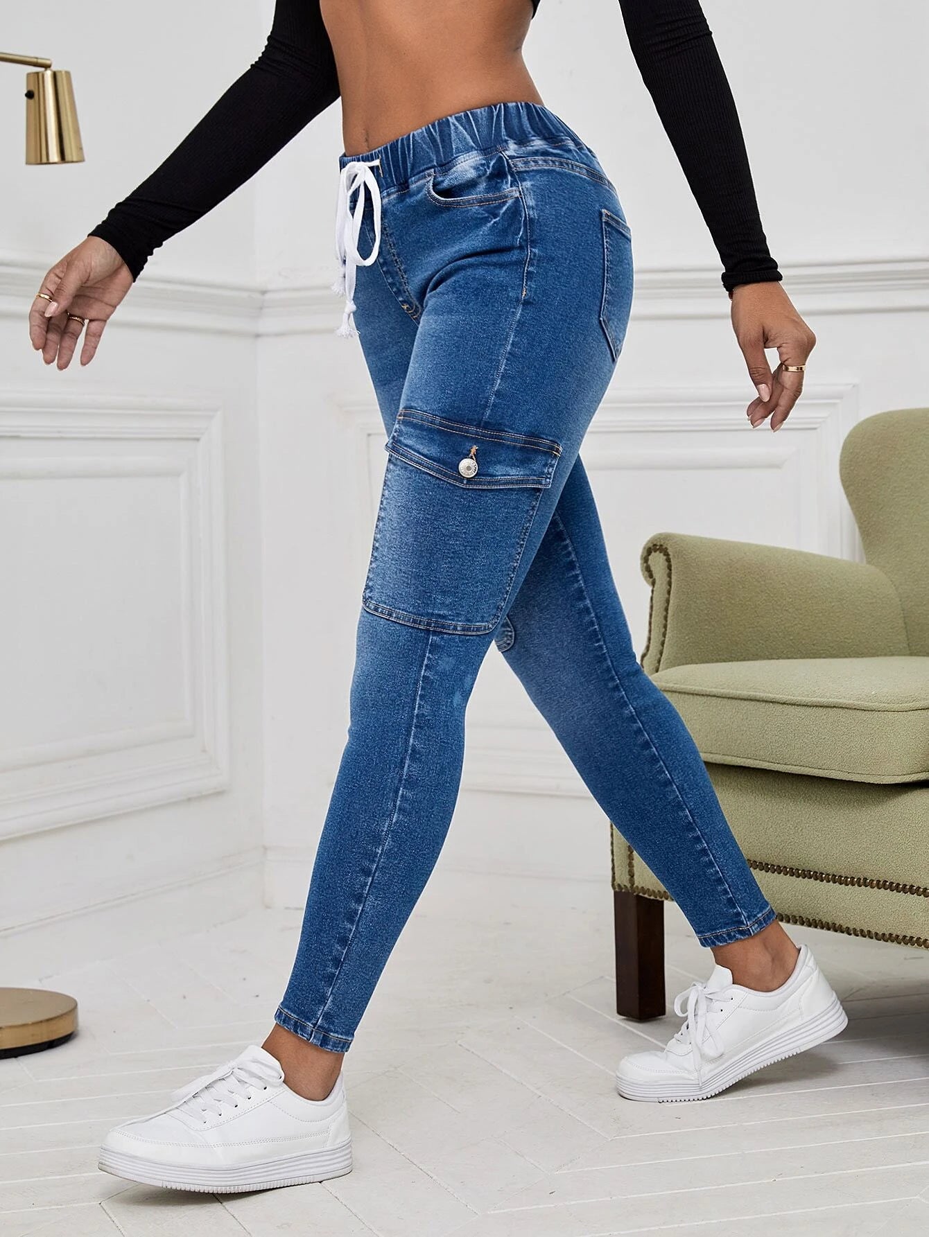 Drawstring Flap Pocket Cargo Jeans – lifestyle view 14