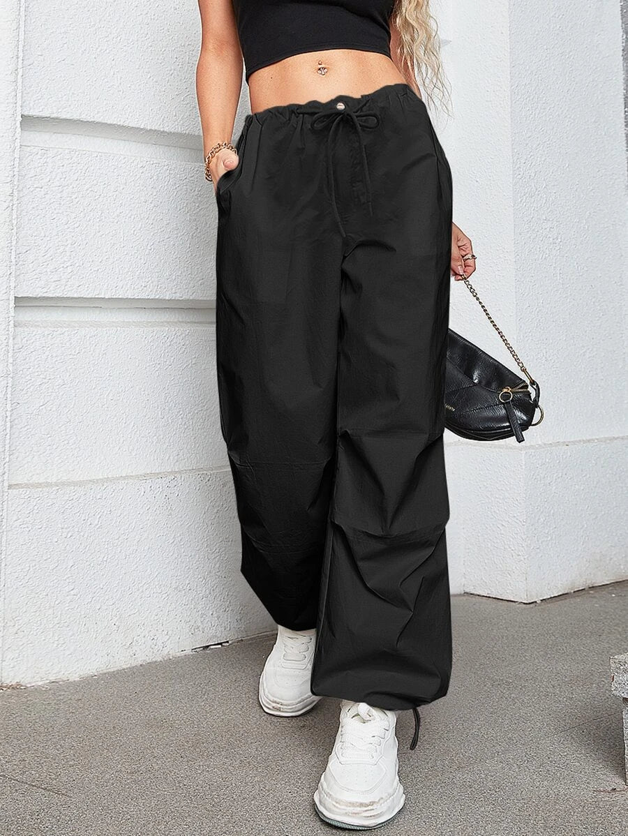 Low Waist Slant Pocket Cargo Parachute Pants – side profile view