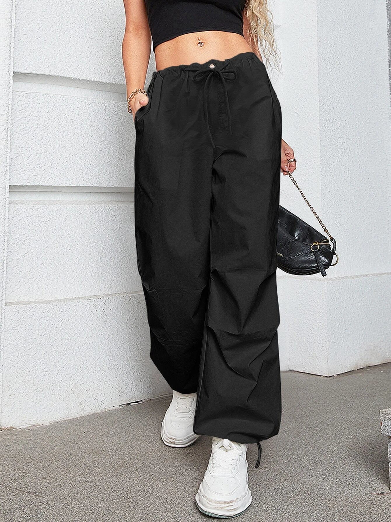 Oversized Drawstring Slant Pocket Parachute Pants – women's cargo pants front view