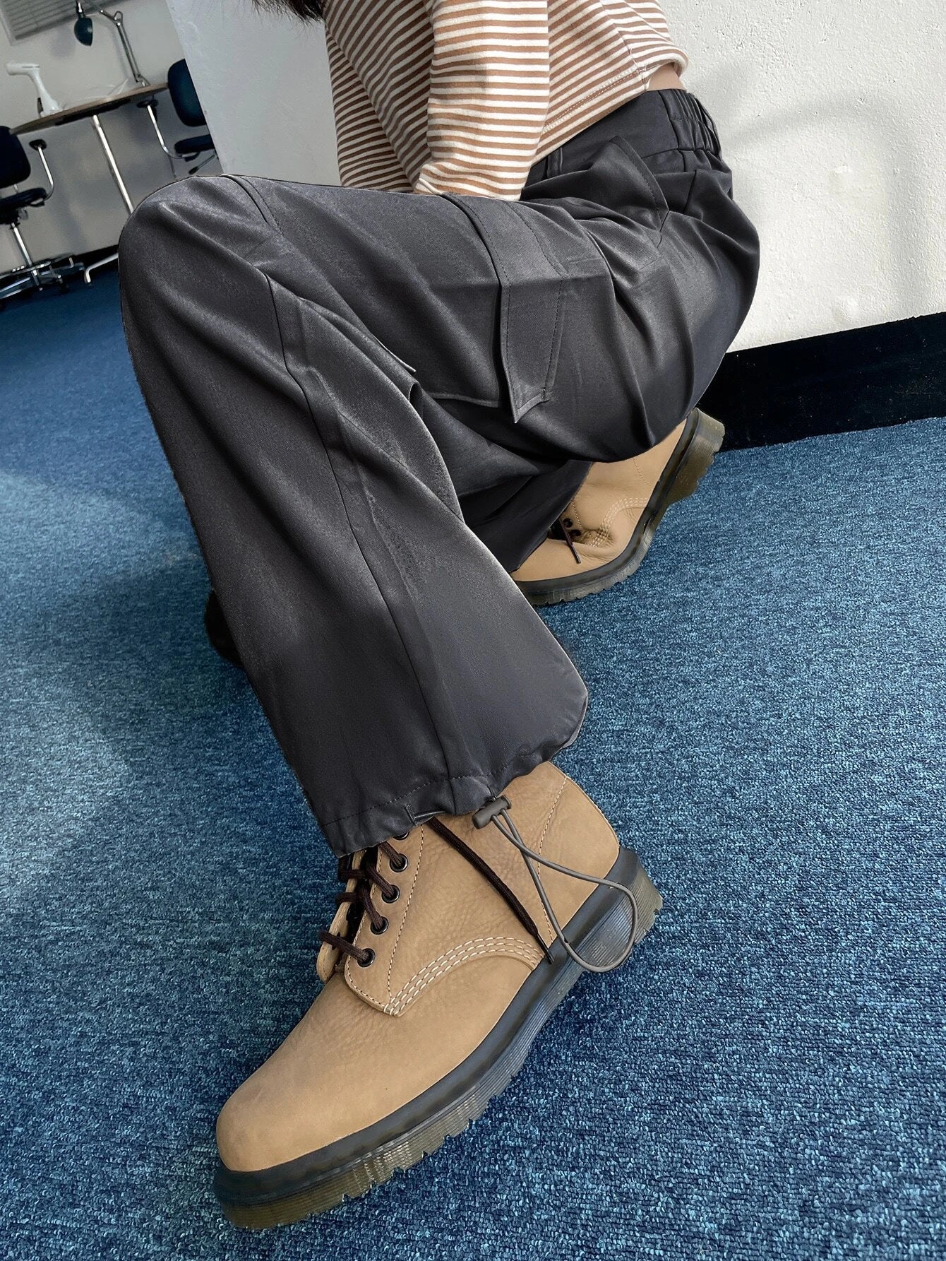 Flap Pocket Drawstring Hem Cargo Pants in Black #ts-6 – lifestyle view 17