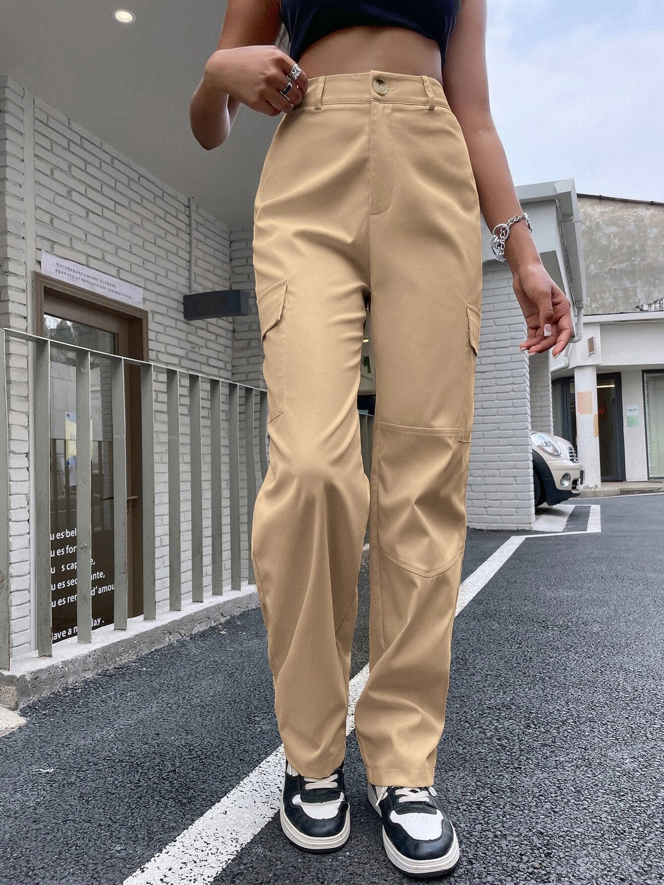 High Waist Flap Pocket Cargo Pants in Black #ts-7 – full length outfit view