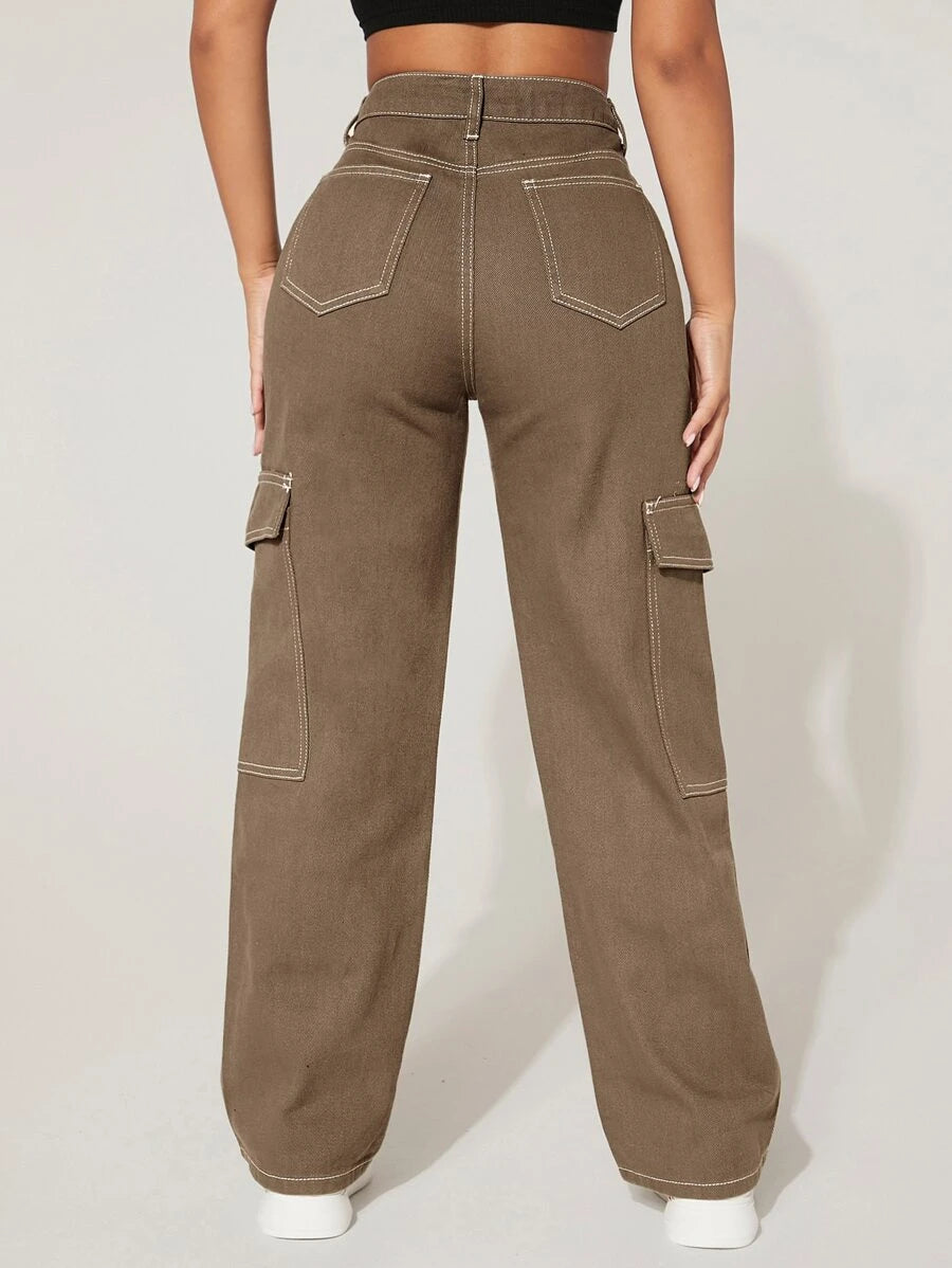 High Waist Denim Flap Pocket Cargo Jeans – pocket detail close-up