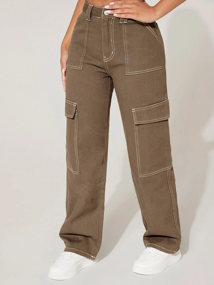 High Waist Denim Flap Pocket Cargo Jeans – women's cargo pants front view