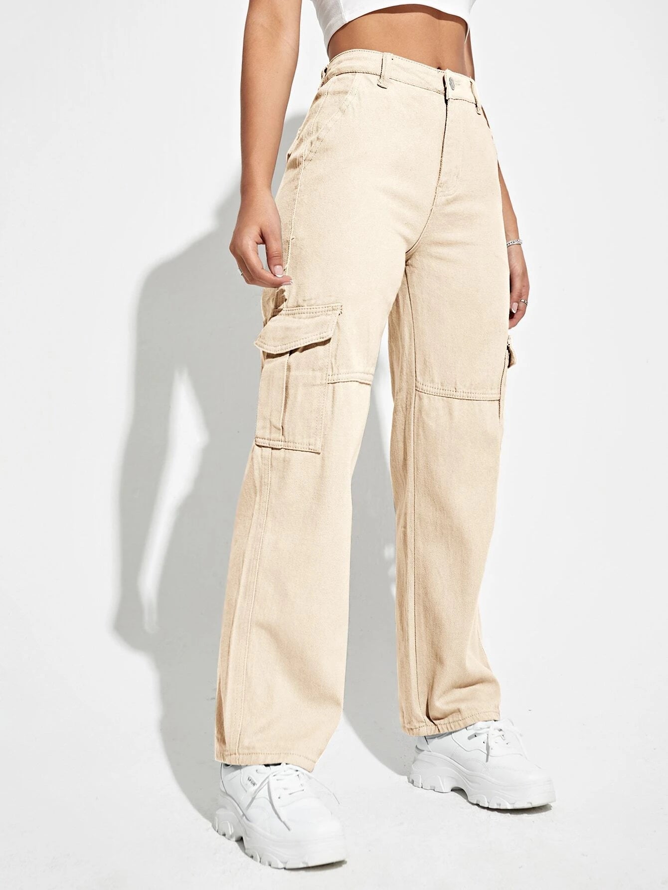 Flap Pocket High Waist Cargo Jeans in Beige – pocket detail close-up