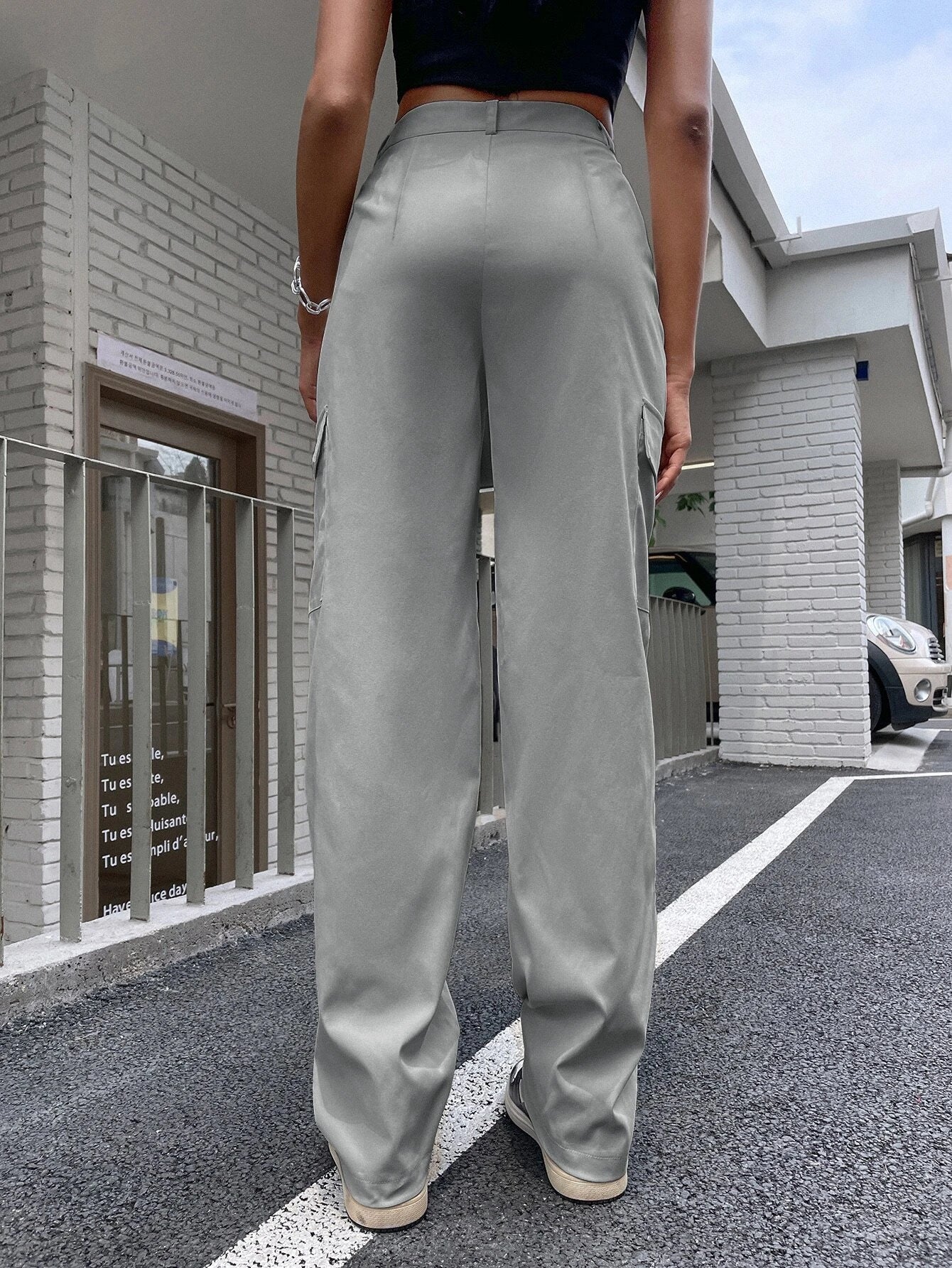 High Waist Flap Pocket Side Cargo Pants in Black – lifestyle view 14