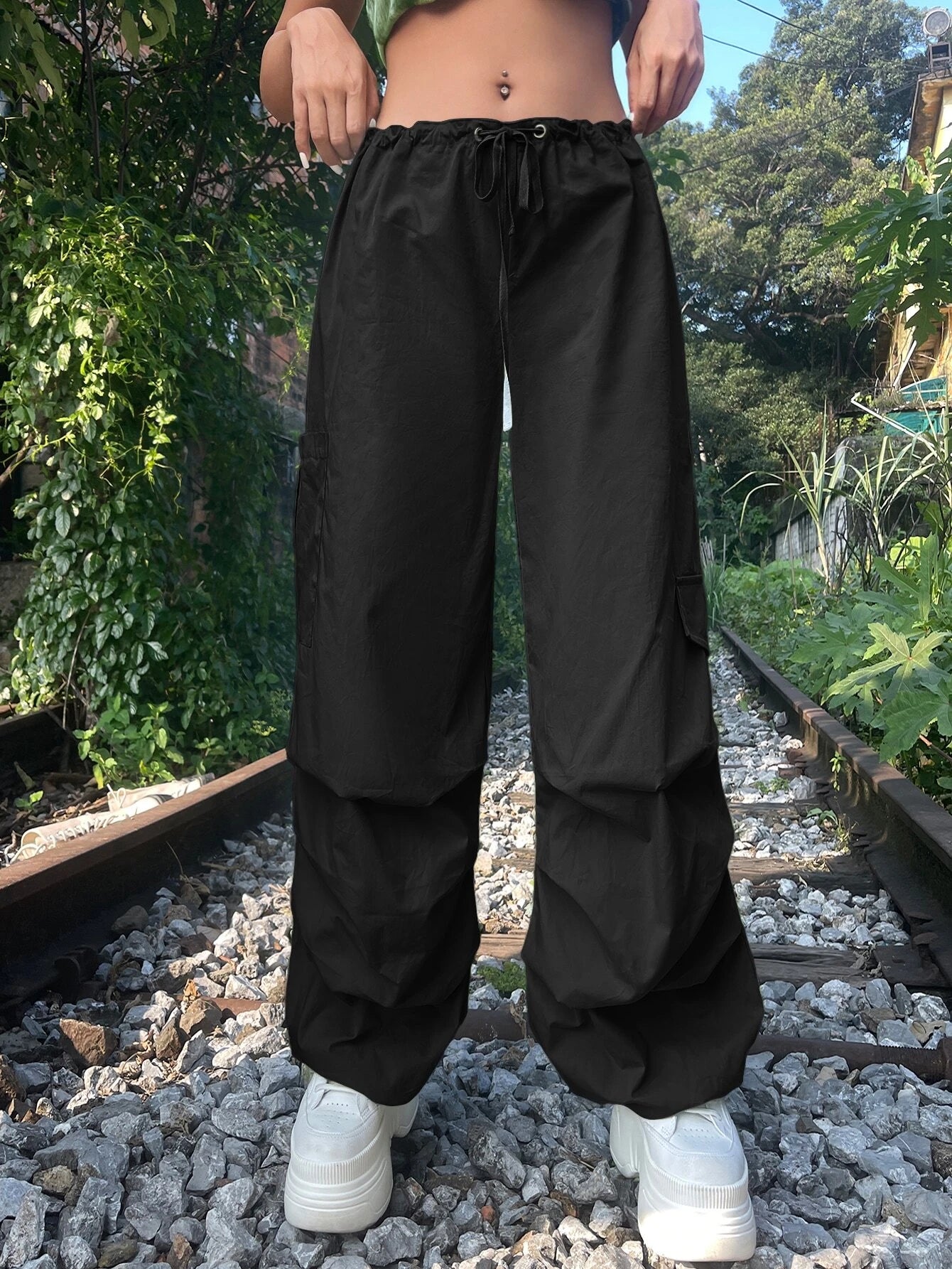 Solid Colored Drawstring Cargo Parachute Pant – women's cargo pants front view