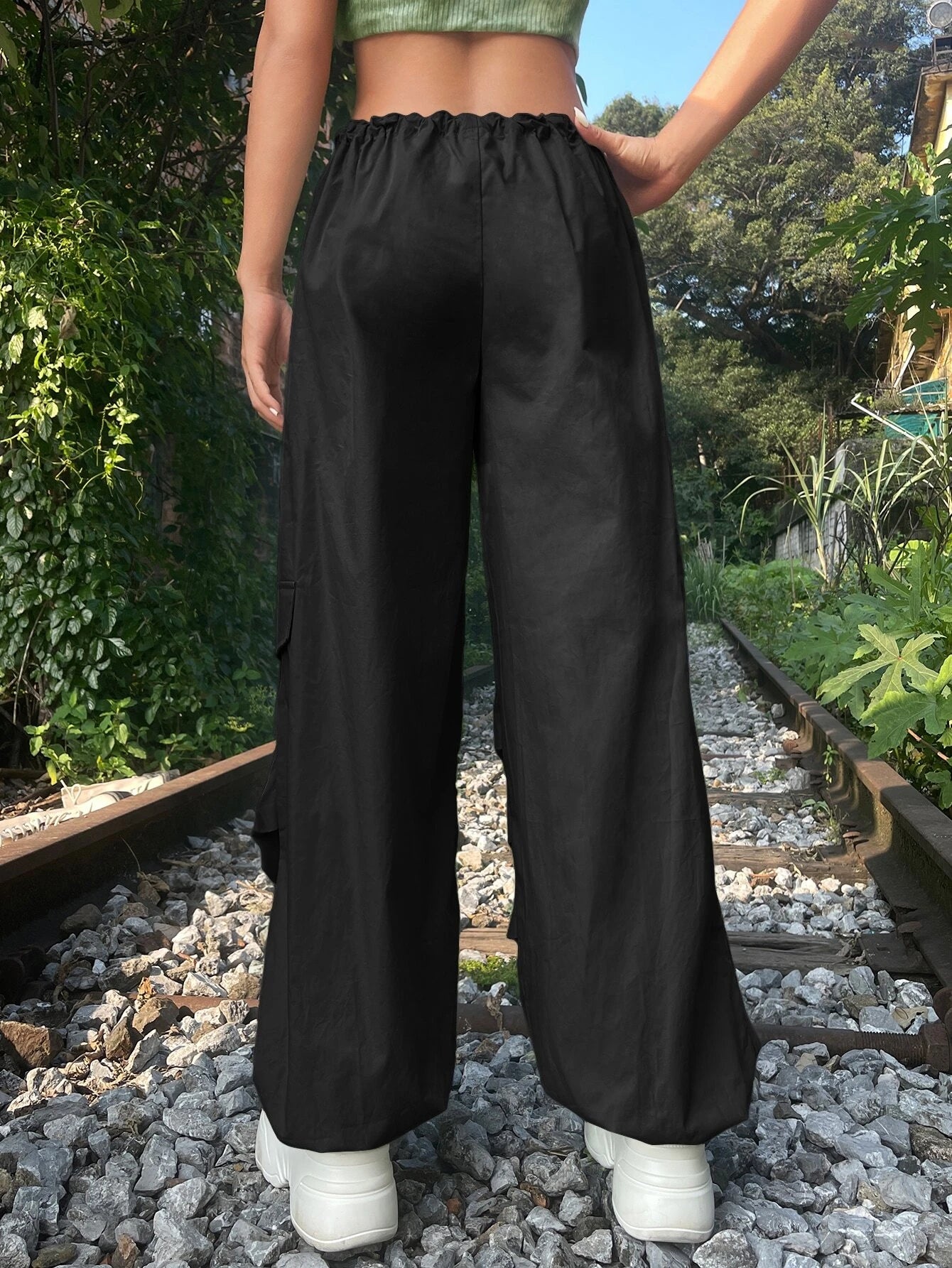 Solid Colored Drawstring Cargo Parachute Pant – side profile view