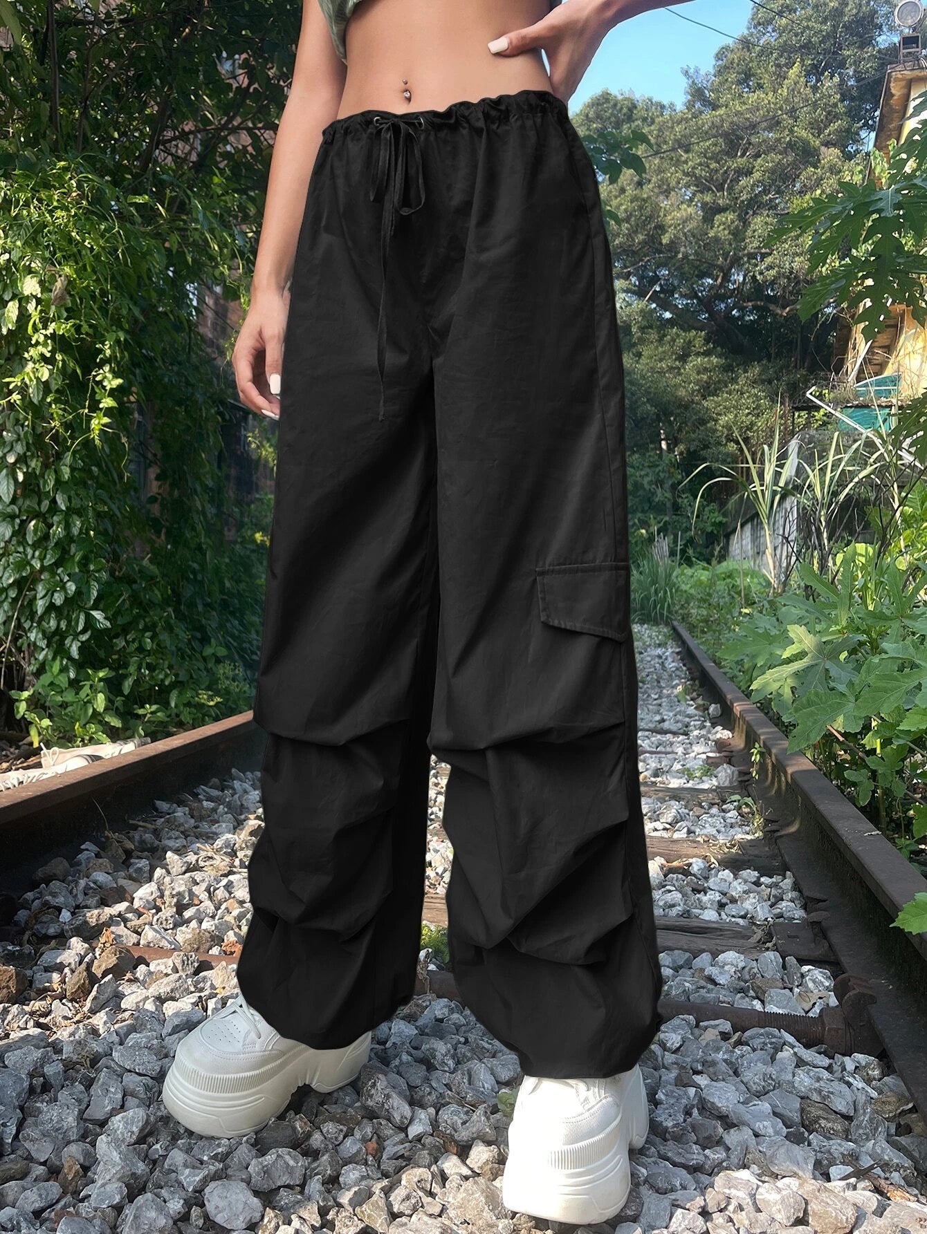 Solid Colored Drawstring Cargo Parachute Pant – back view detail