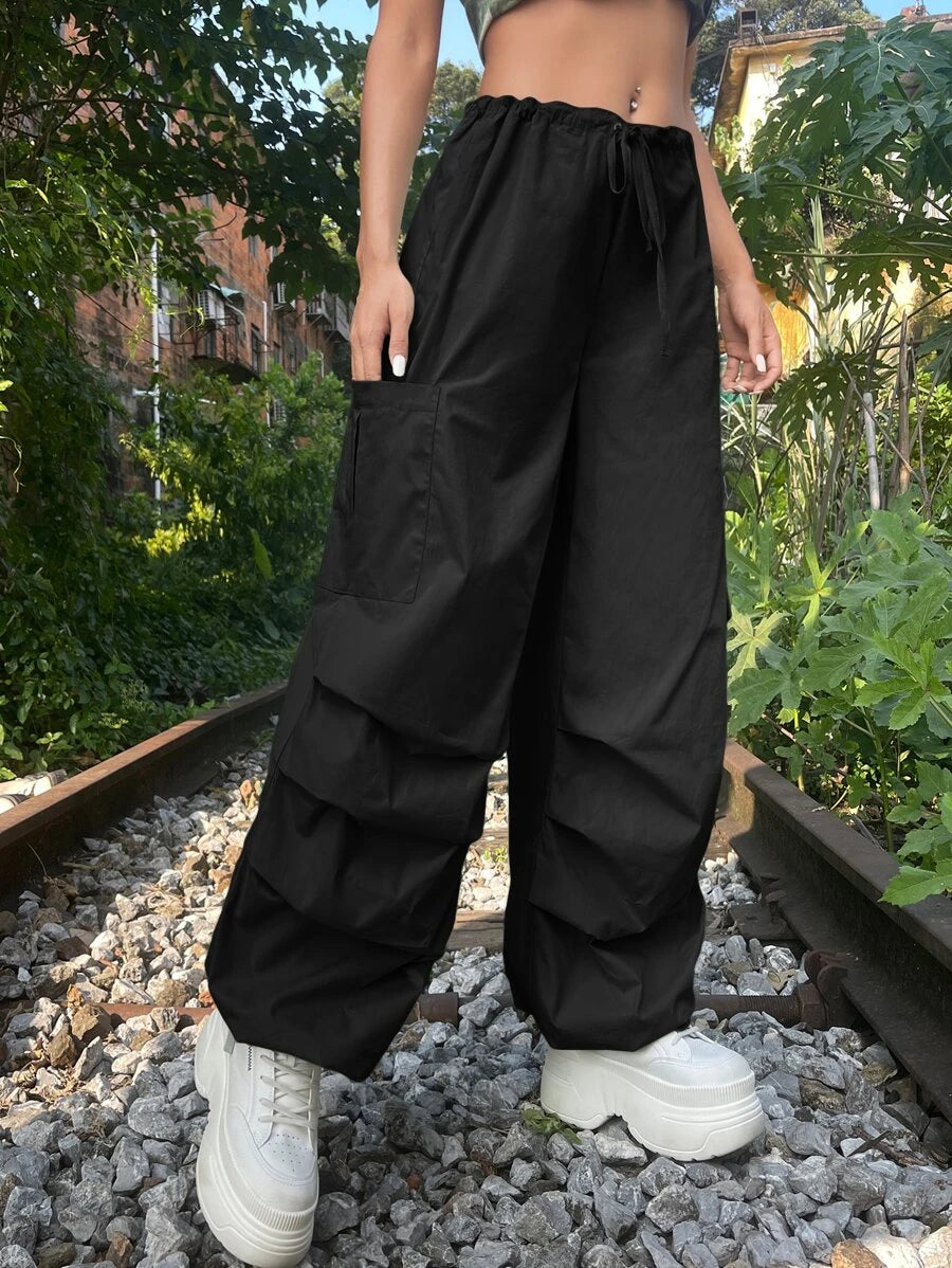 Solid Drawstring Waist Cargo Parachute Pants – pocket detail close-up
