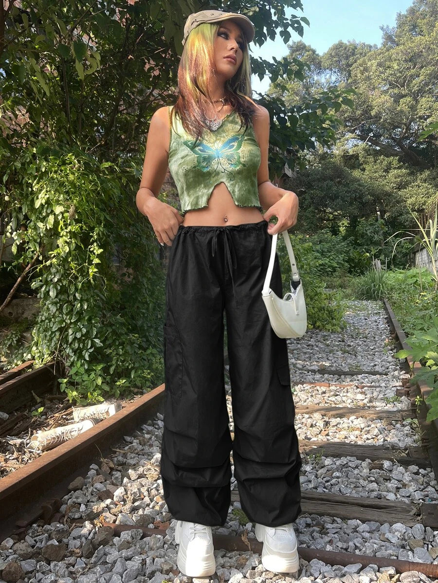 Solid Drawstring Waist Cargo Parachute Pants – full length outfit view