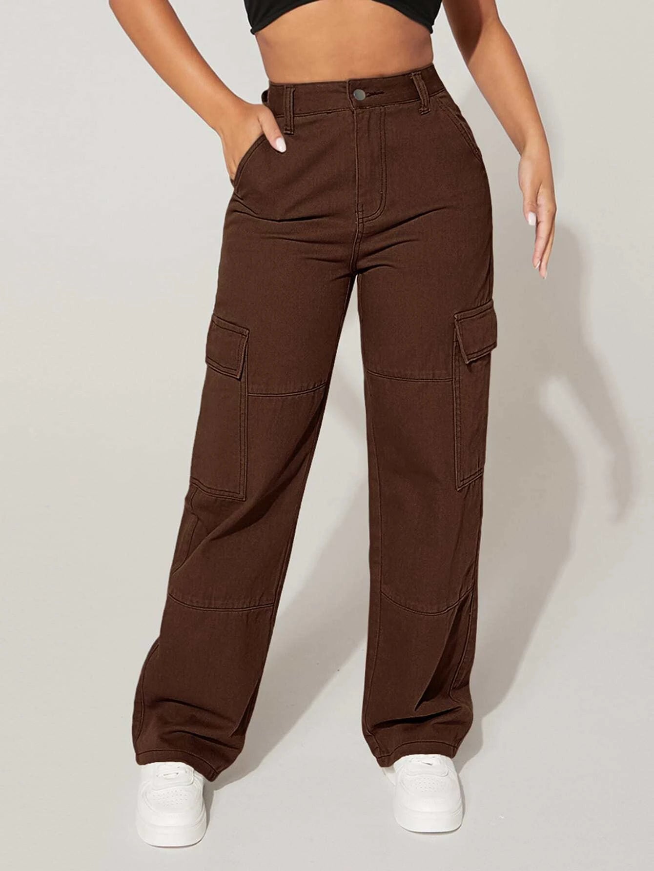 High Waist Zipper Cargo Jeans – side profile view