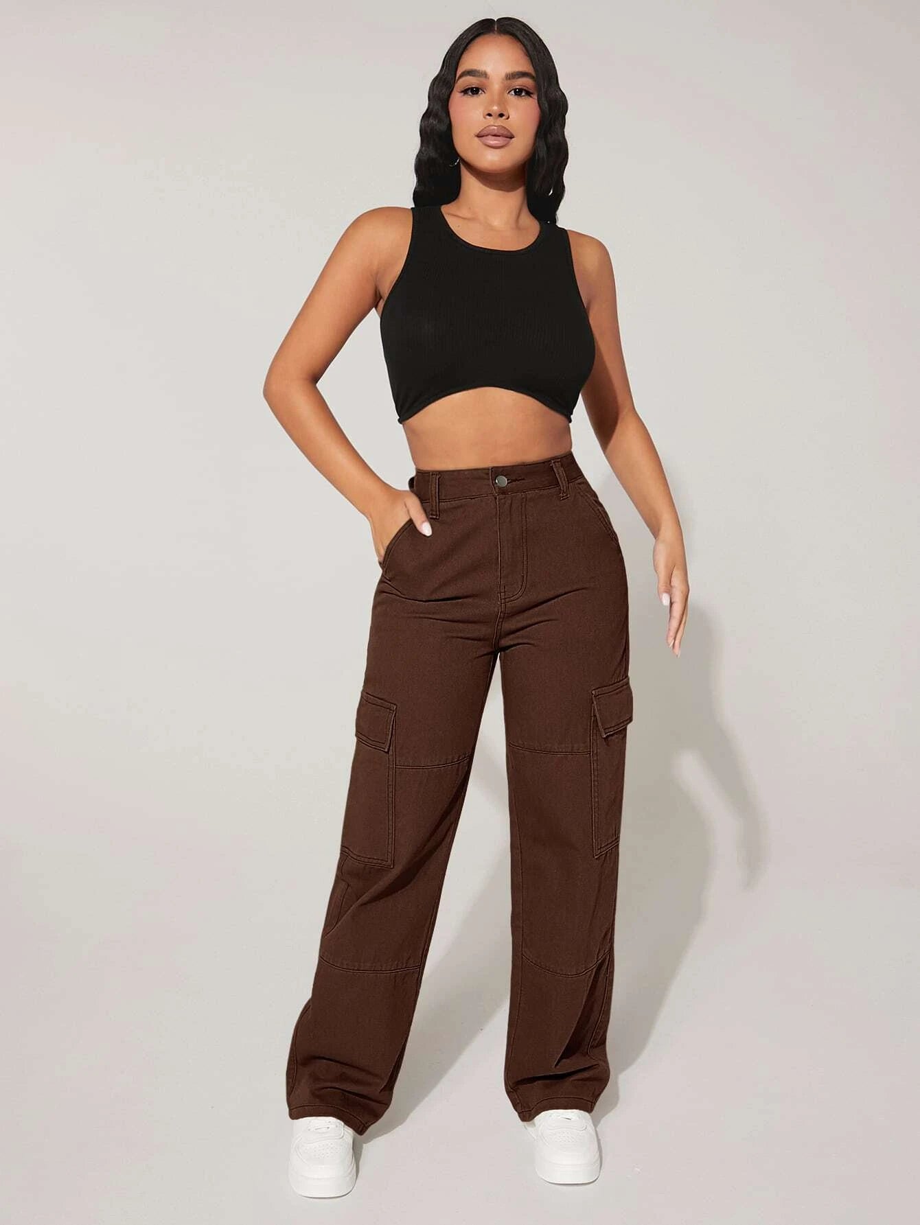 High Waist Zipper Cargo Jeans – women's cargo pants front view