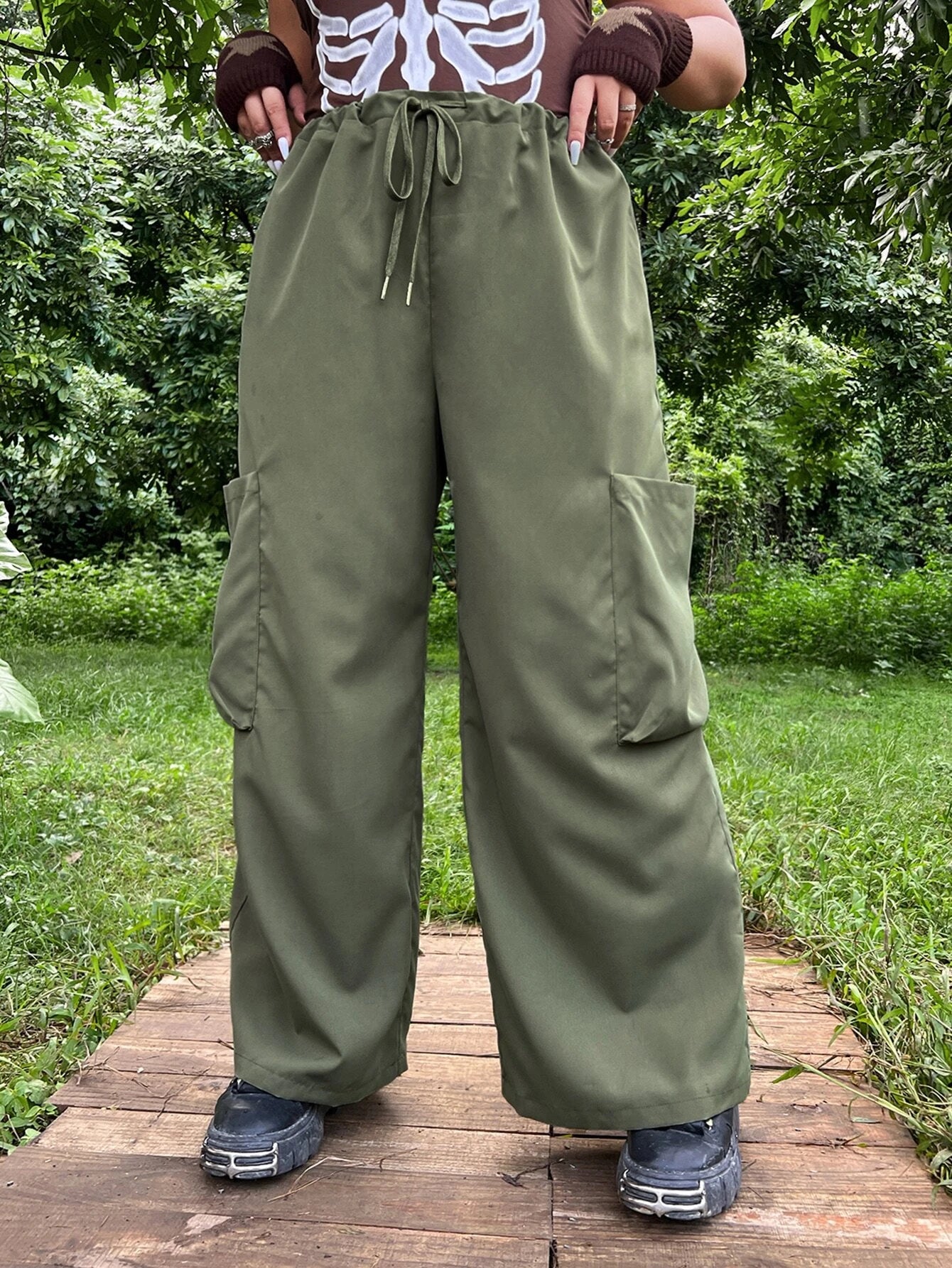Flap Pocket Non-Stretch Drawstring Waist Pant – women's cargo pants front view