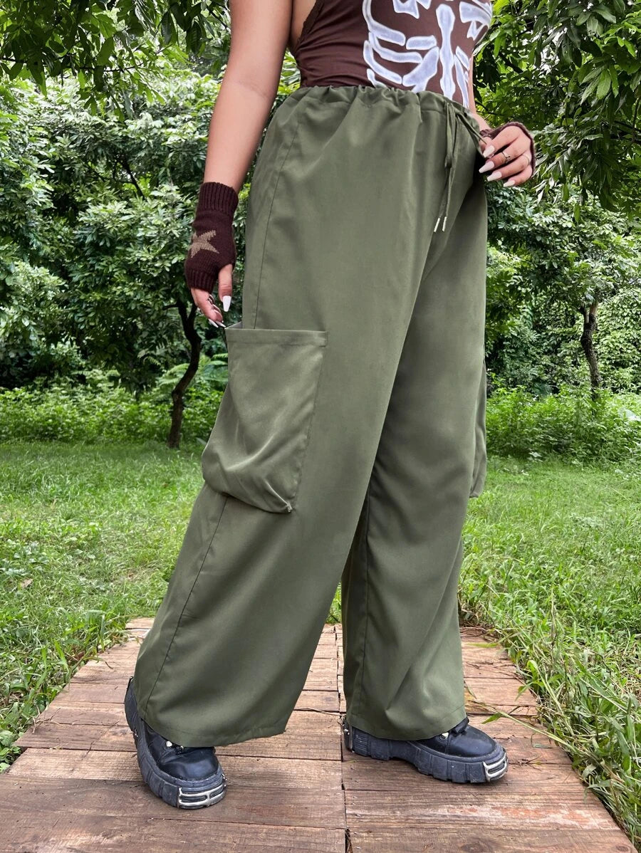 Flap Pocket Drawstring Waist Wide Leg Pants – waistband detail