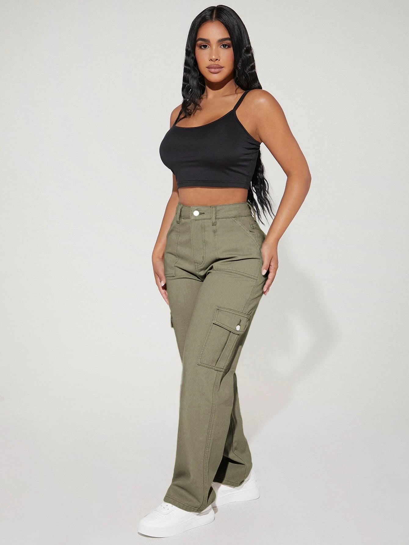 Long Length Denim Cargo Pants – styled outfit view