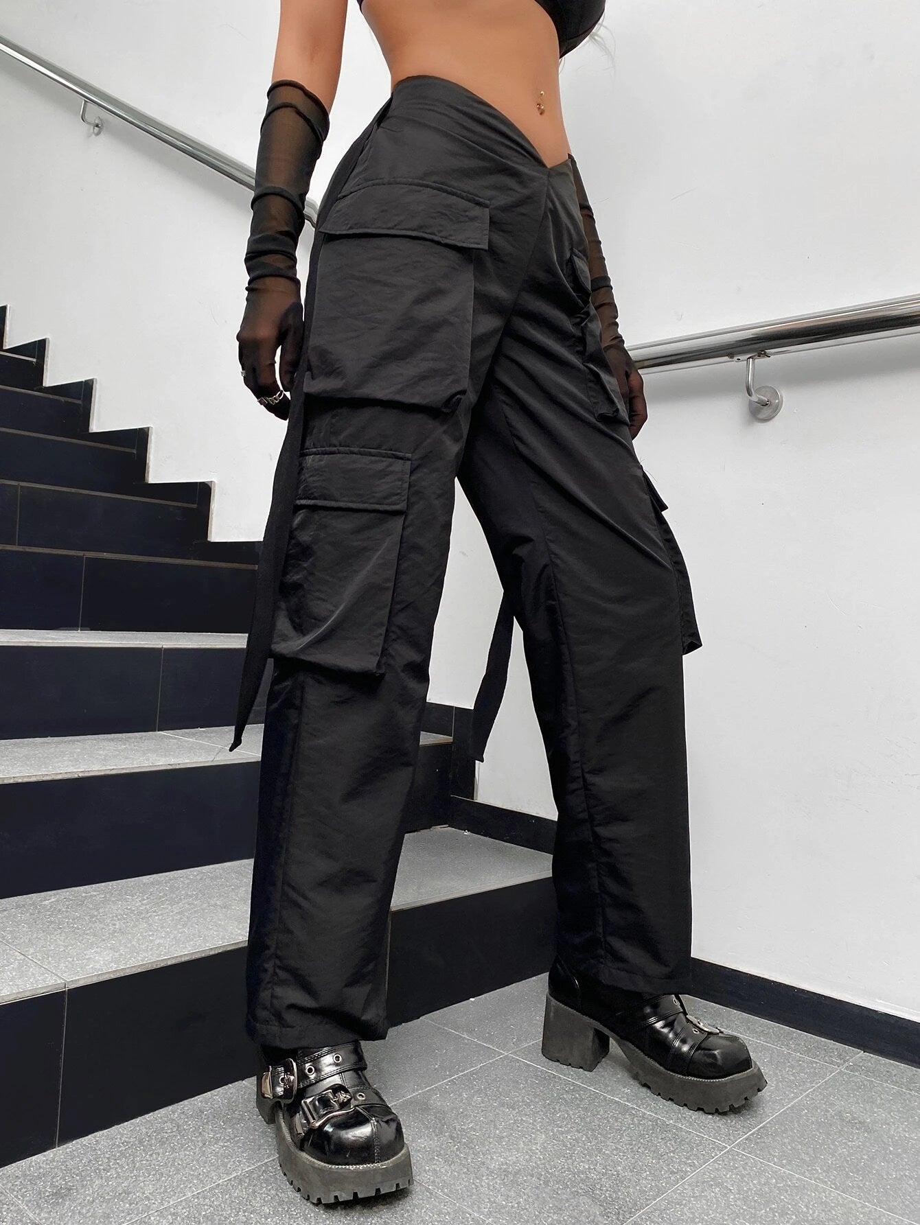 Street Vibes Tape Flap Pocket Side Cargo Parachute Pants - Stretch Comfo – full length outfit view