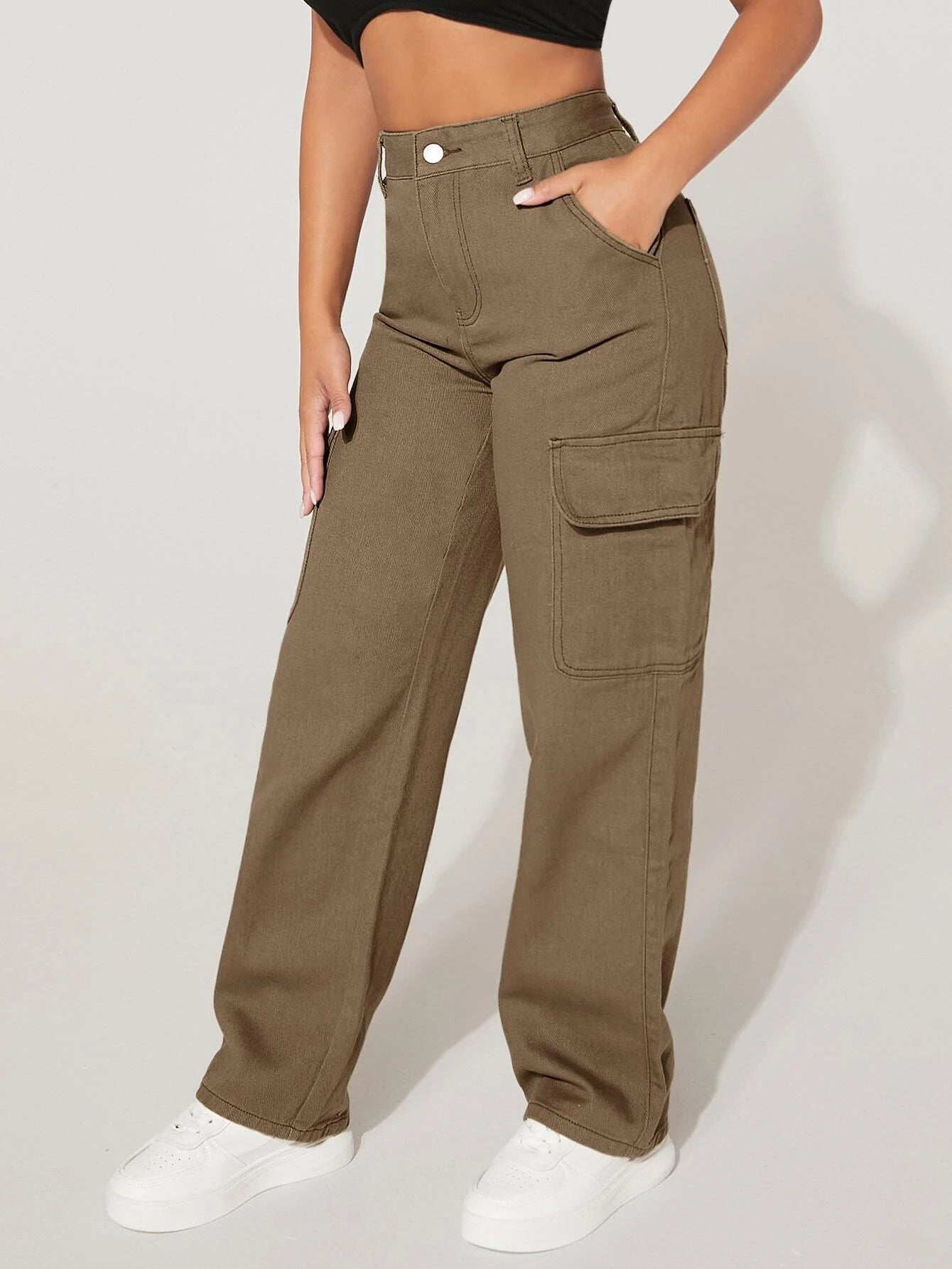 Regular Fit High Waist Cargo Pants in Black – model wearing view