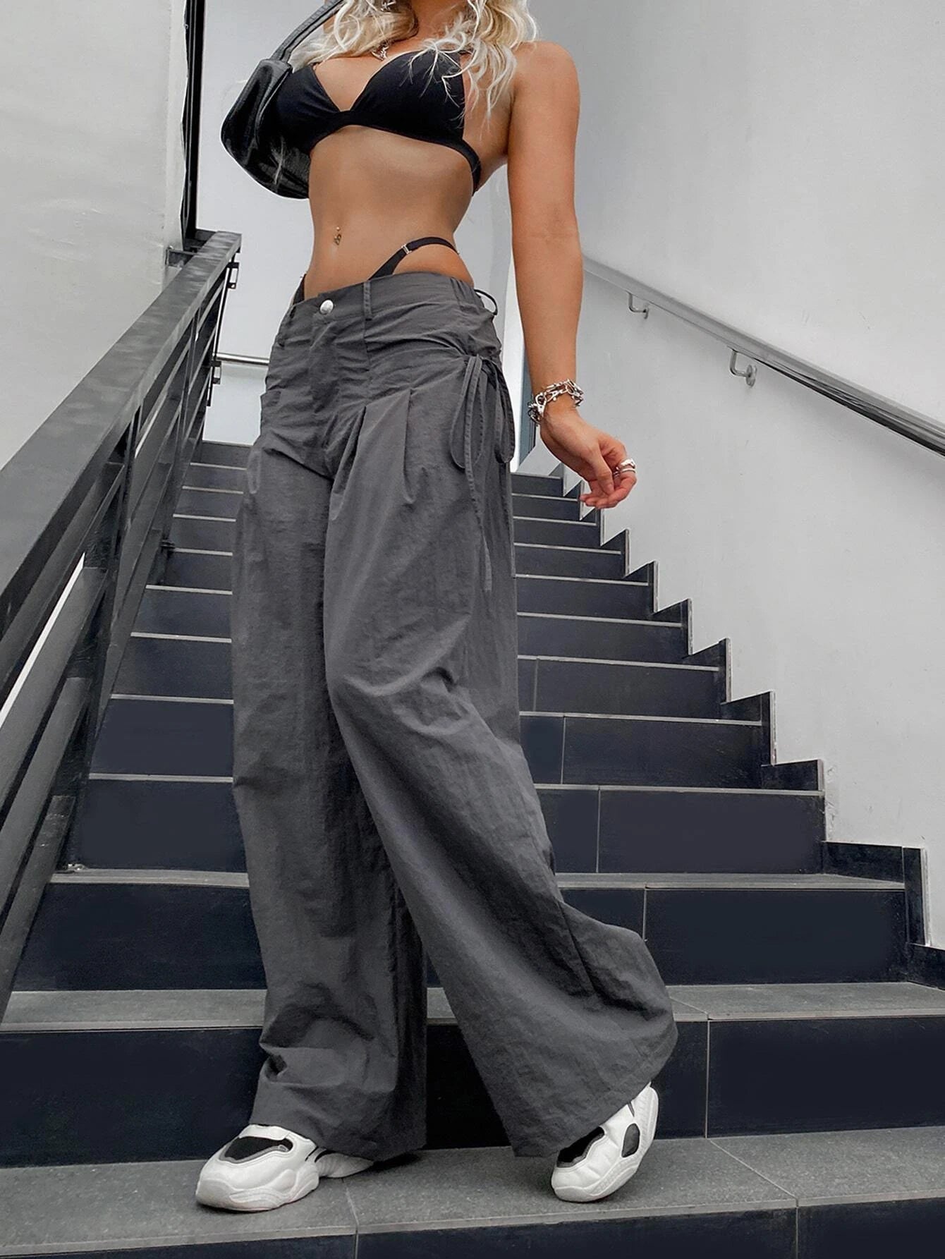 Drawstring Side Parachute Wide Leg Pants – women's cargo pants front view